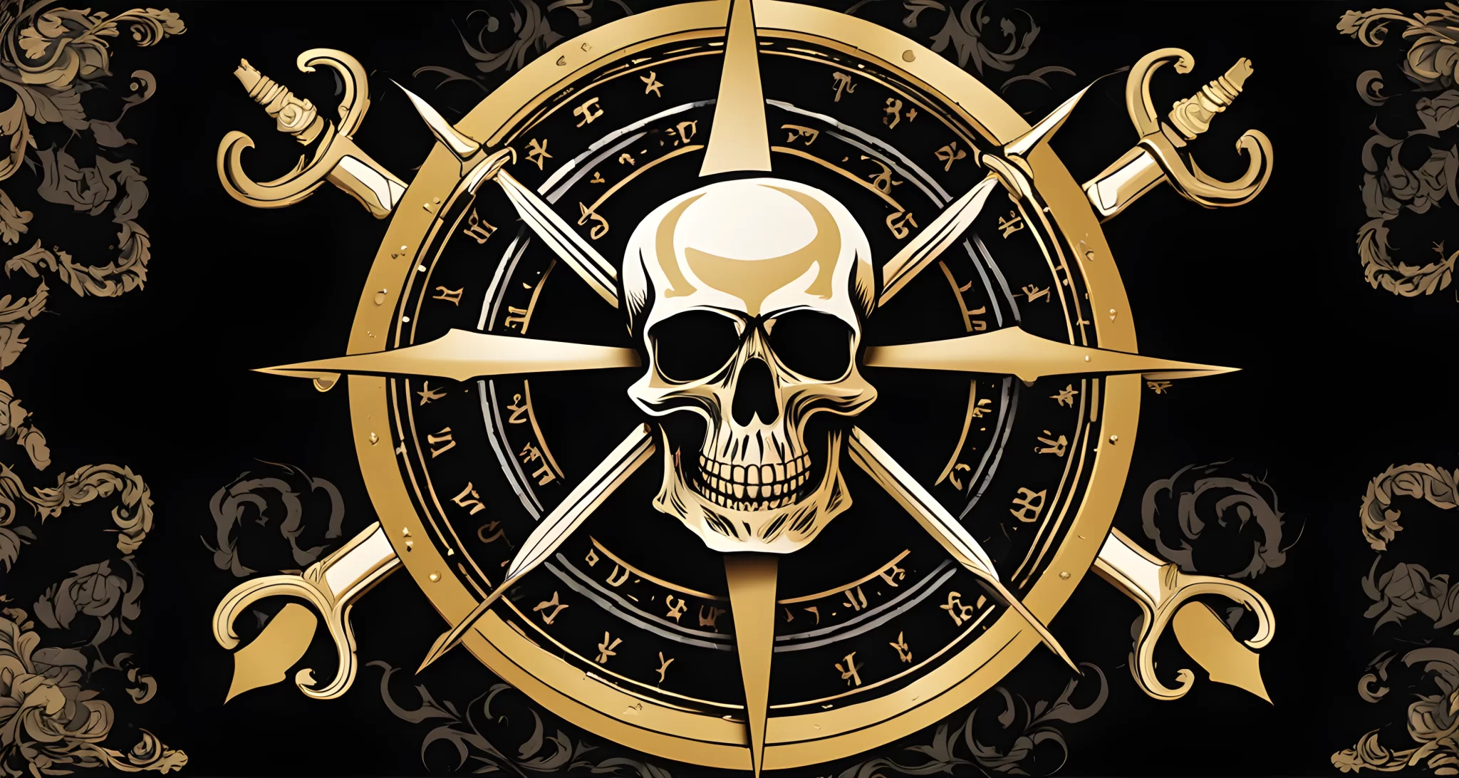 The image shows a ceremonial compass and square set on a black velvet cloth, with a golden skull and crossbones emblem displayed prominently in the center.