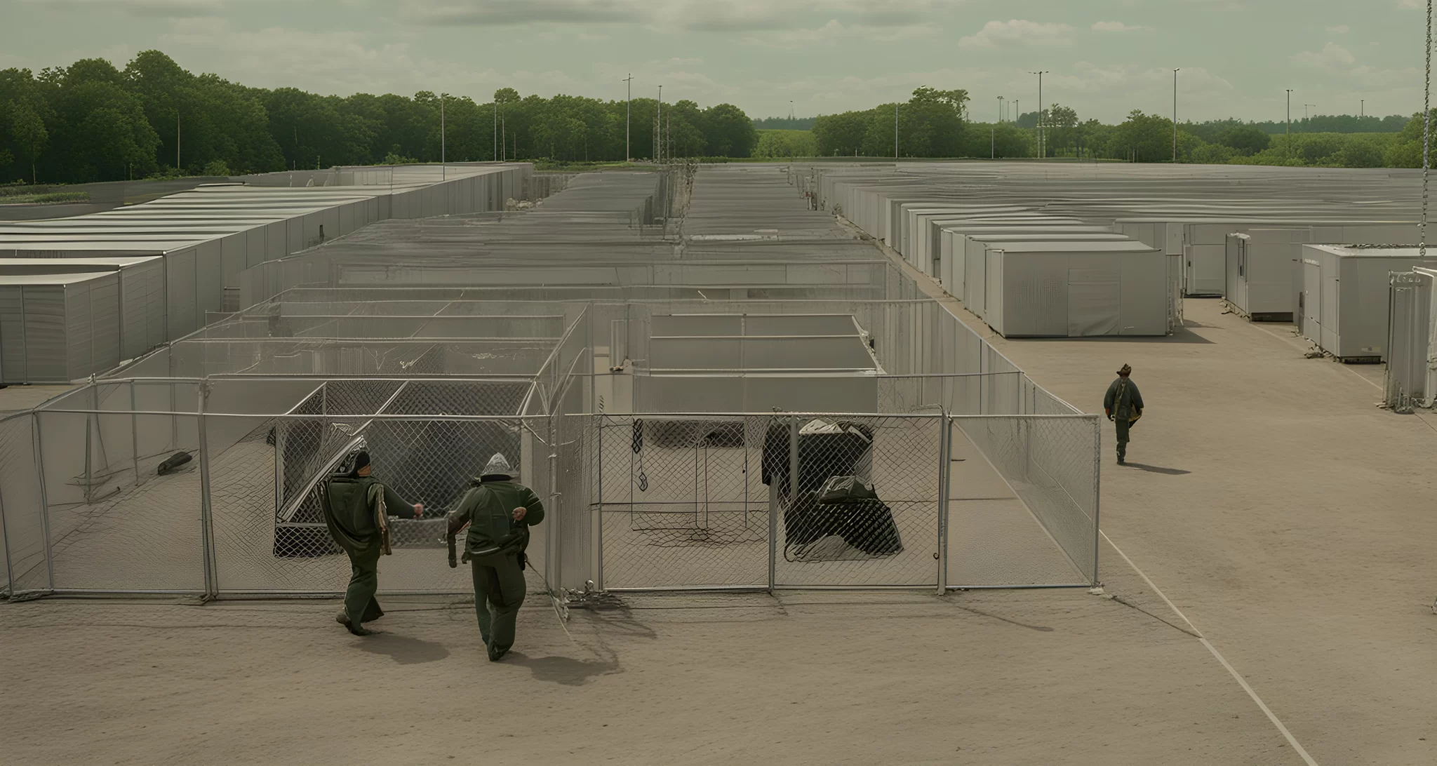 The image shows a chain link fence surrounding a large open area with several trailers and temporary structures. Uniformed personnel are visible in the background.