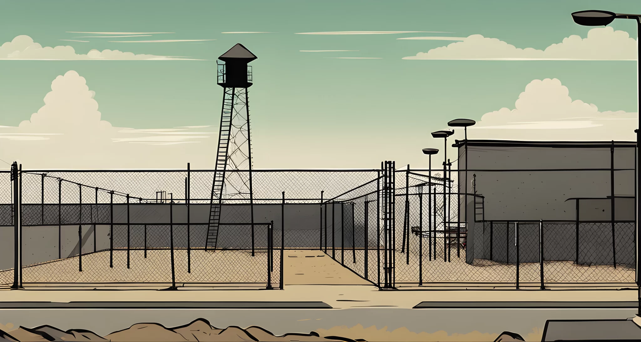 The image shows a chain-link fence surrounding a large open area with a few small buildings. A guard tower is visible in the background.