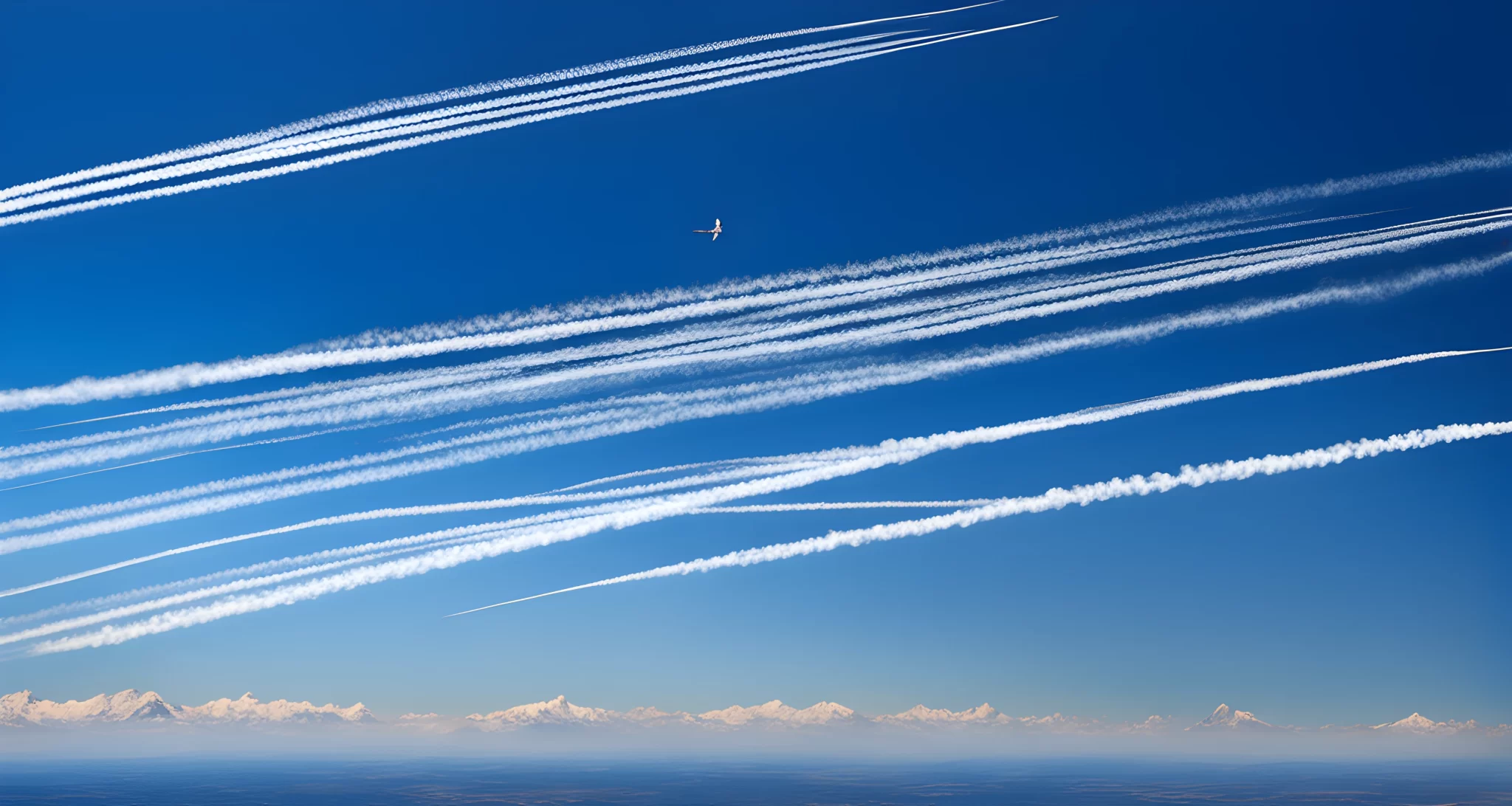 The image shows a clear blue sky with several white streaks of airplane contrails crisscrossing the sky.