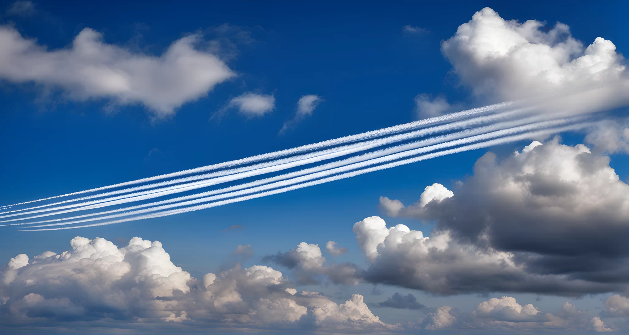 The image shows a clear blue sky with white streaks of condensation trails left by airplanes.