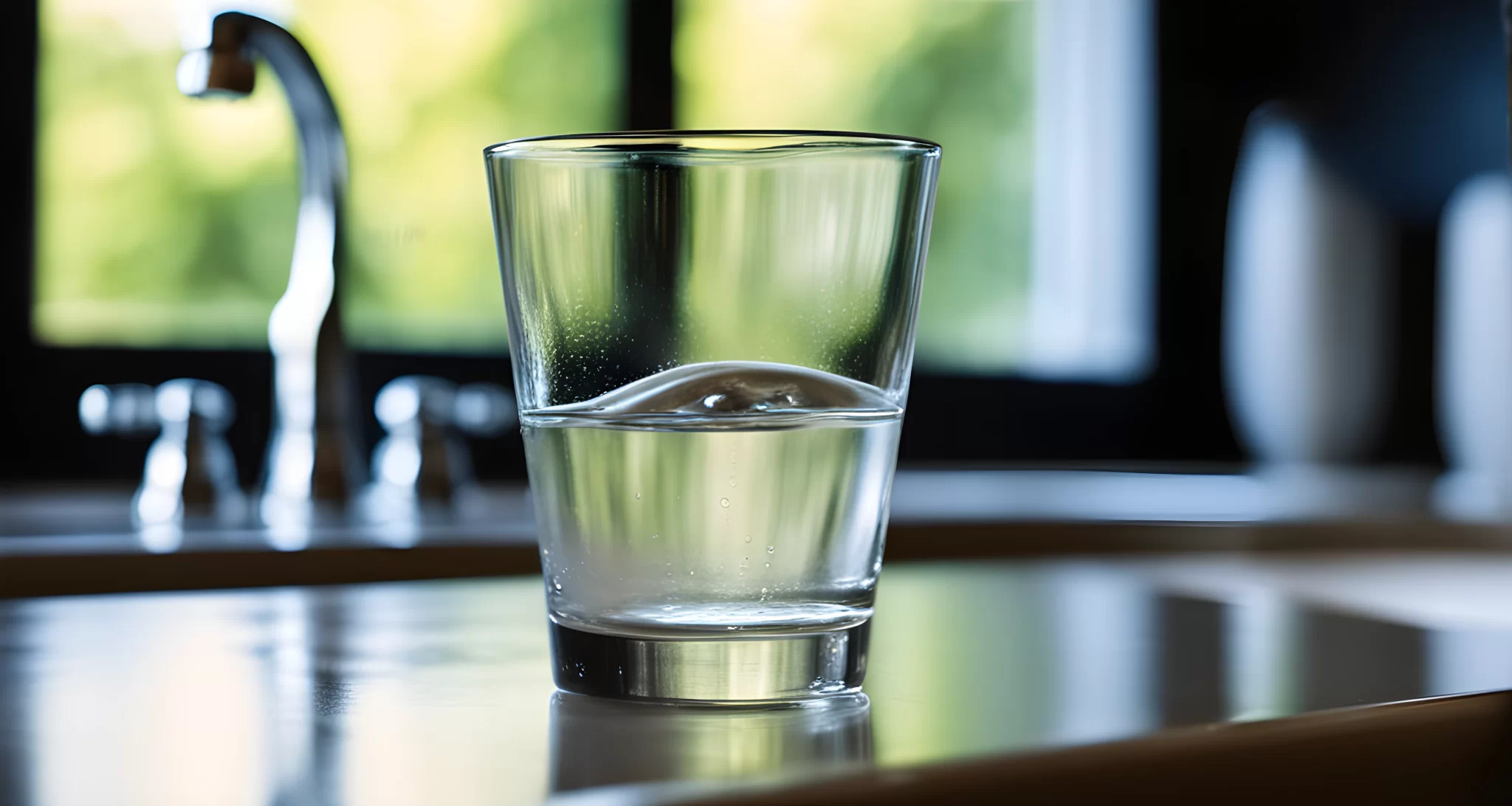 The image shows a clear glass filled with drinking water, with a blurred background of a faucet and sink.