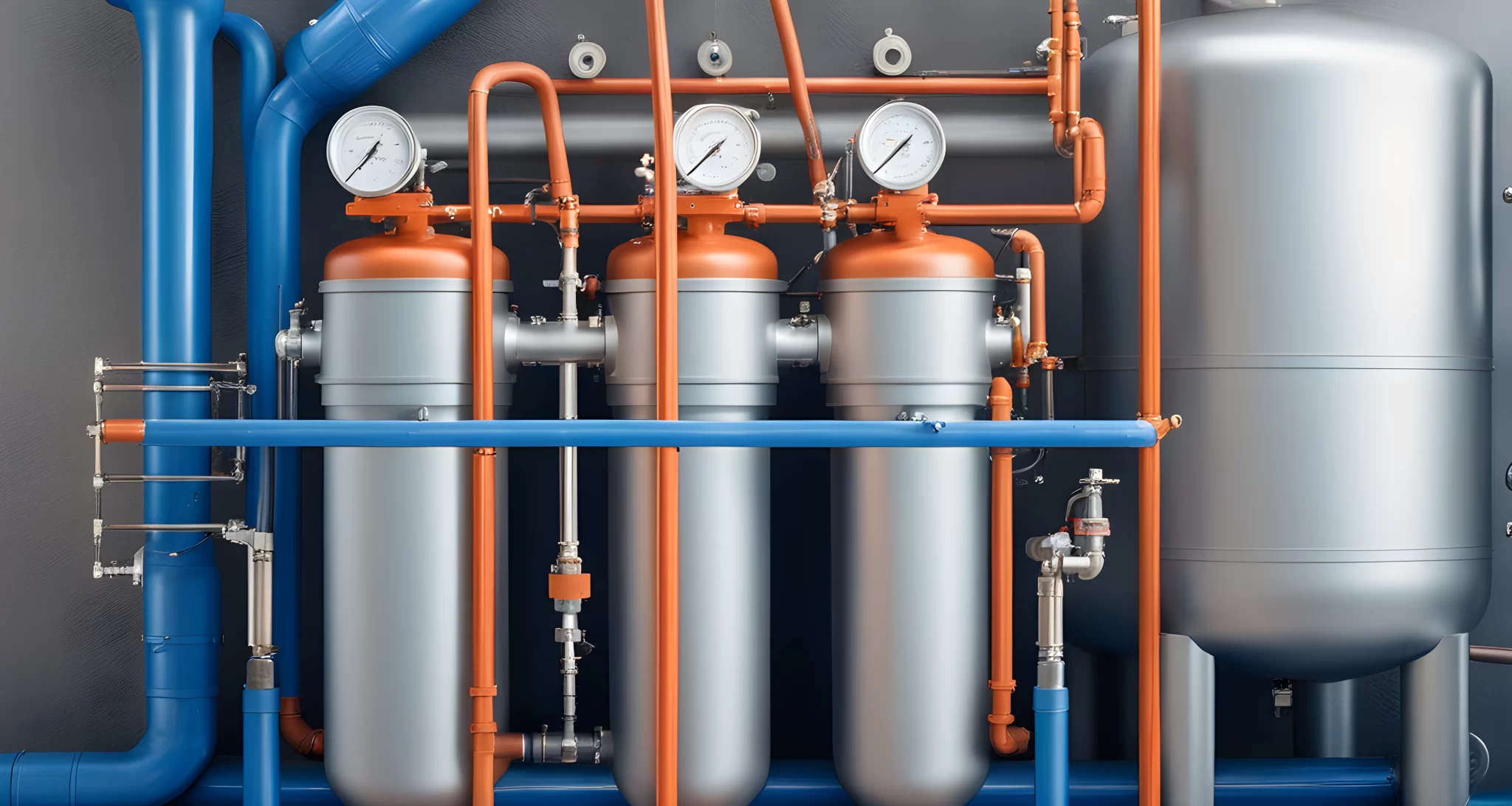 The image shows a close-up of a water filtration system with pipes, valves, and tanks.