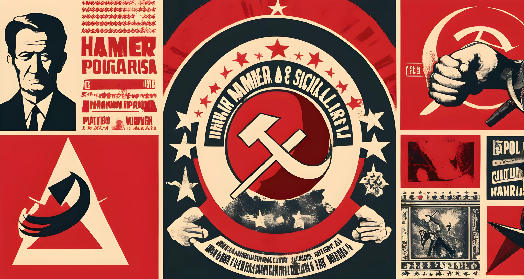 The image shows a collage of various symbols associated with cultural Marxism, including the hammer and sickle, a raised fist, and political propaganda posters.