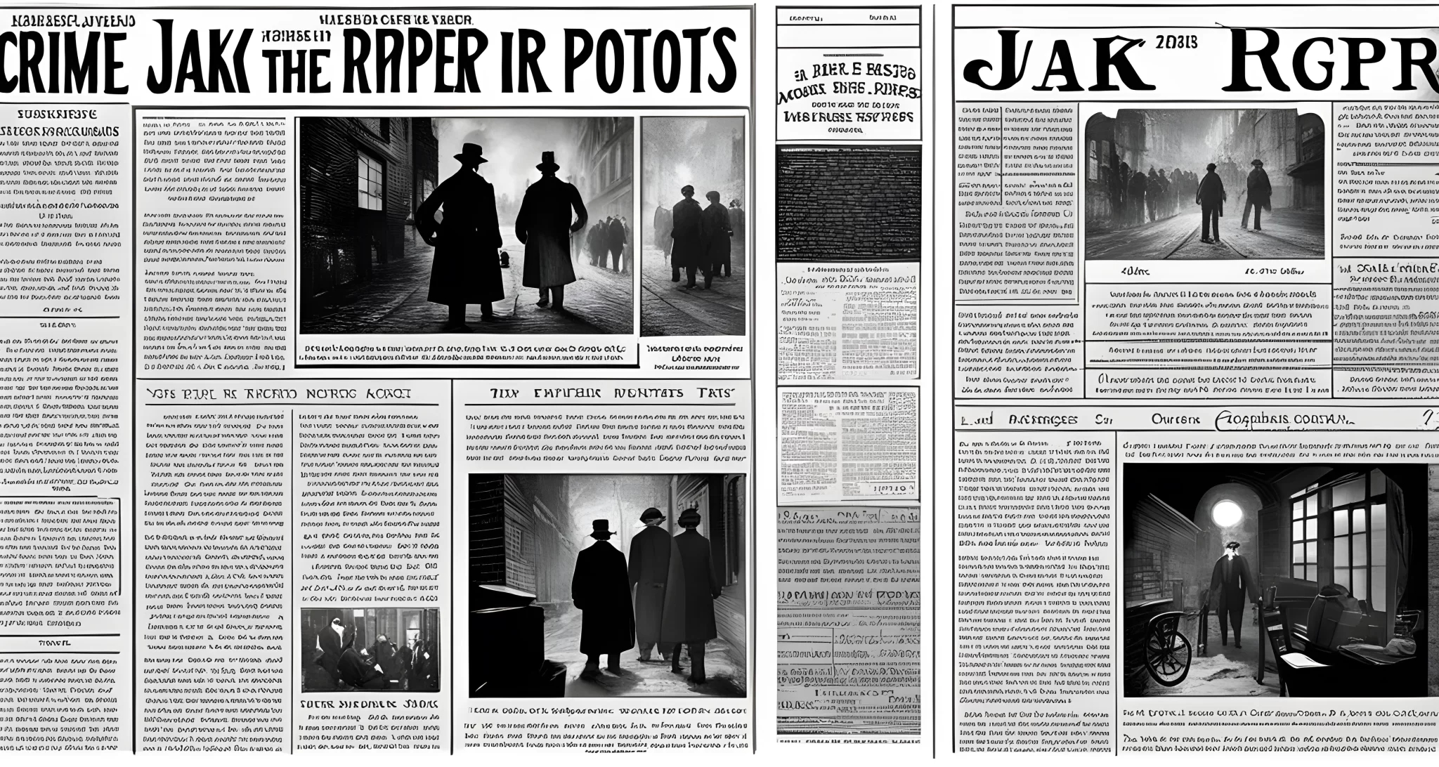 The image shows a collection of historical newspapers, crime scene photos, and police reports related to the Jack the Ripper case.