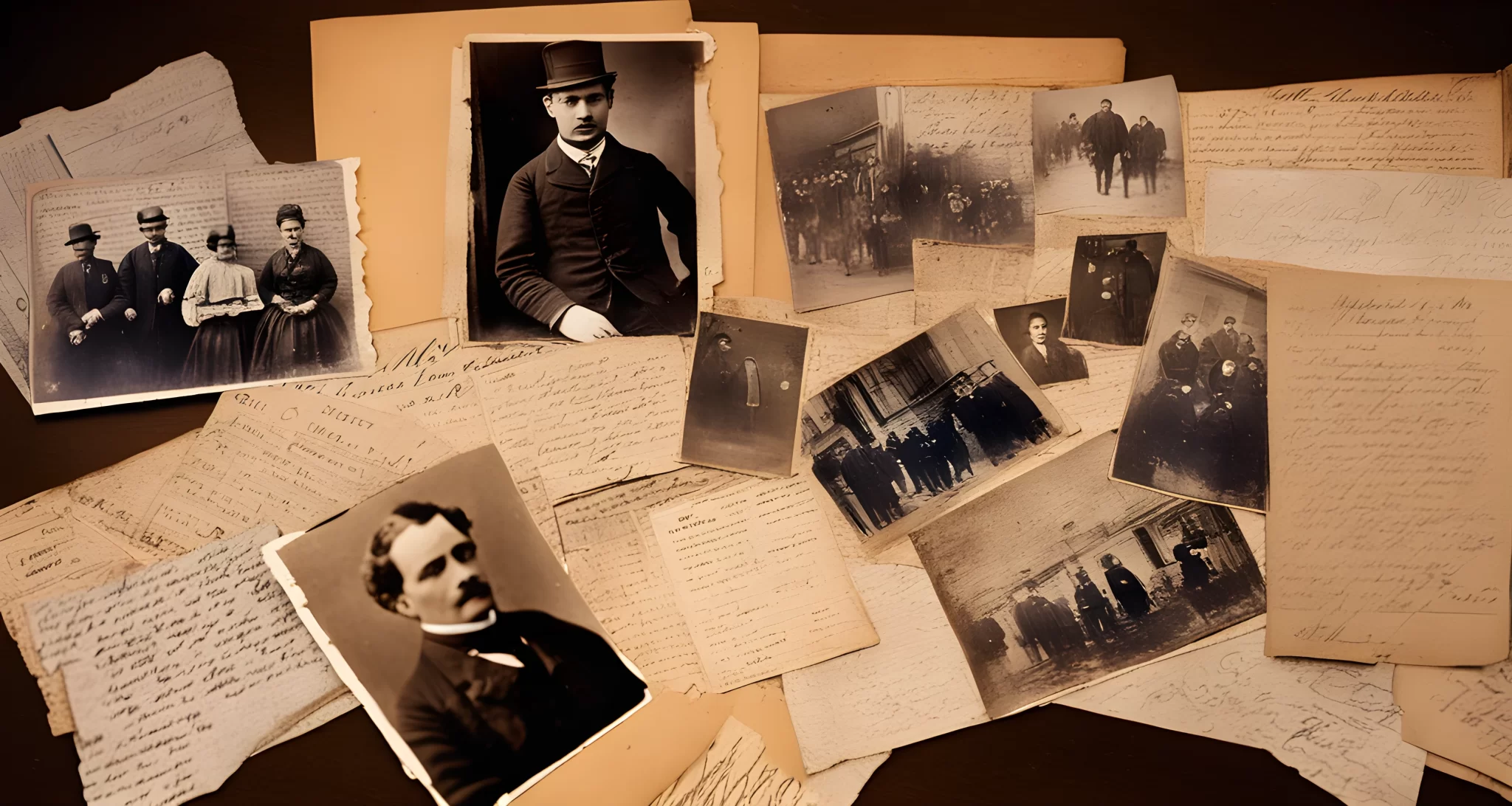 The image shows a collection of vintage photographs, newspaper clippings, and handwritten notes related to the Jack the Ripper case.