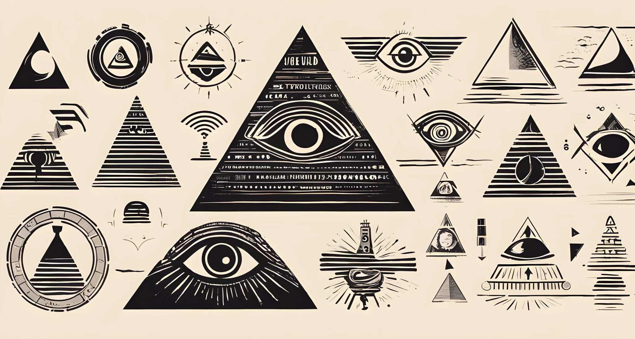 The image shows a collection of well-known symbols and imagery from popular media, including a pyramid, all-seeing eye, and various corporate logos.