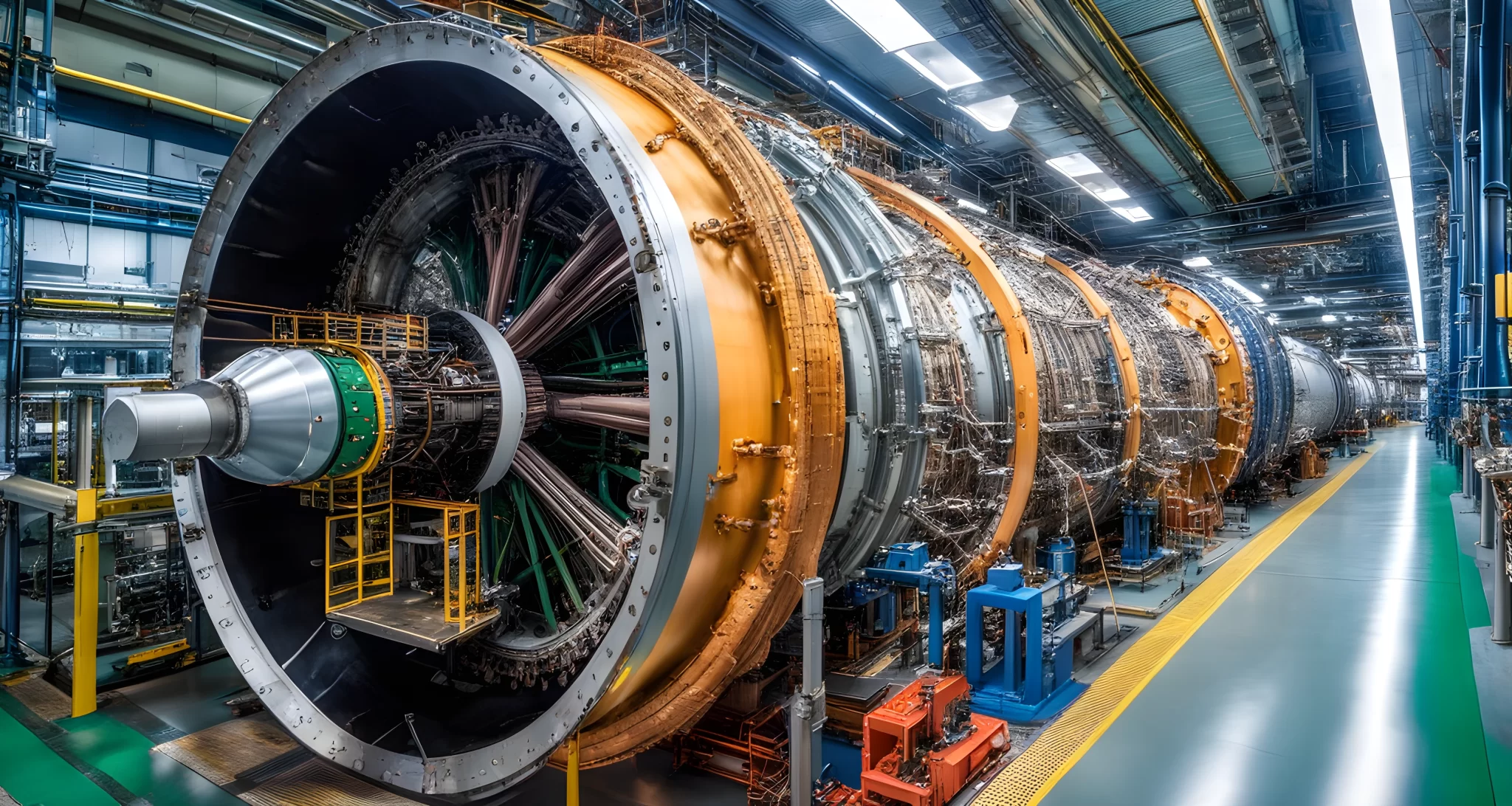 The image shows a complex network of machinery and pipelines at the Large Hadron Collider, with scientists and engineers working on various components.