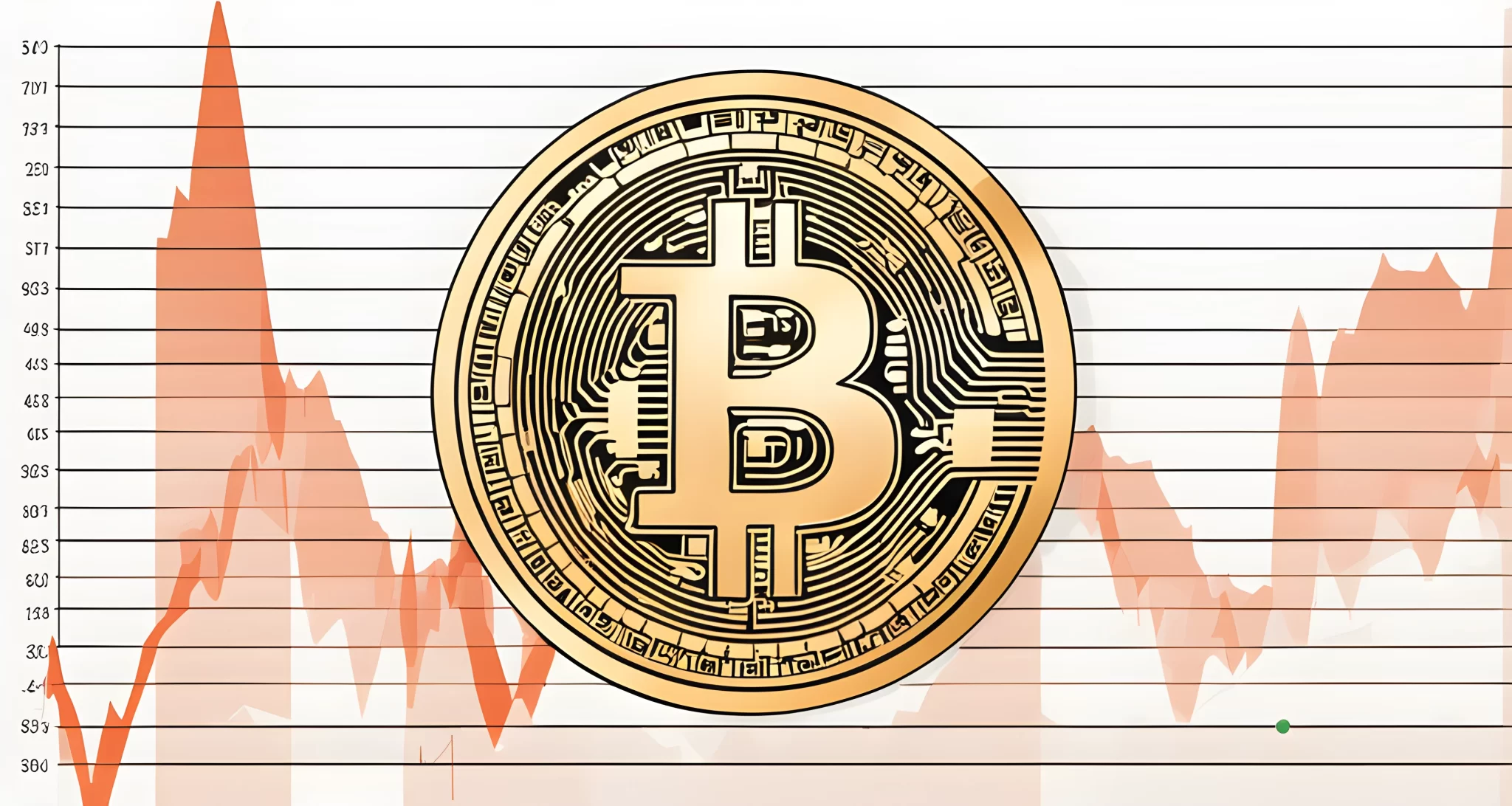 The image shows a computer screen displaying the Bitcoin logo and a graph of the currency's value over time.