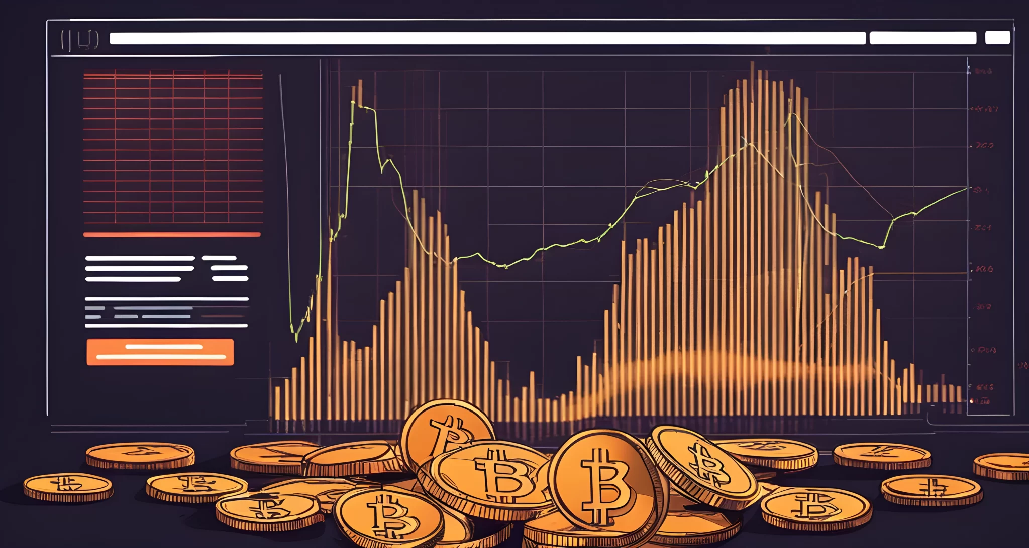 The image shows a computer screen with a graph of Bitcoin's price over time, a pile of physical Bitcoins, and a shadowy figure in the background.