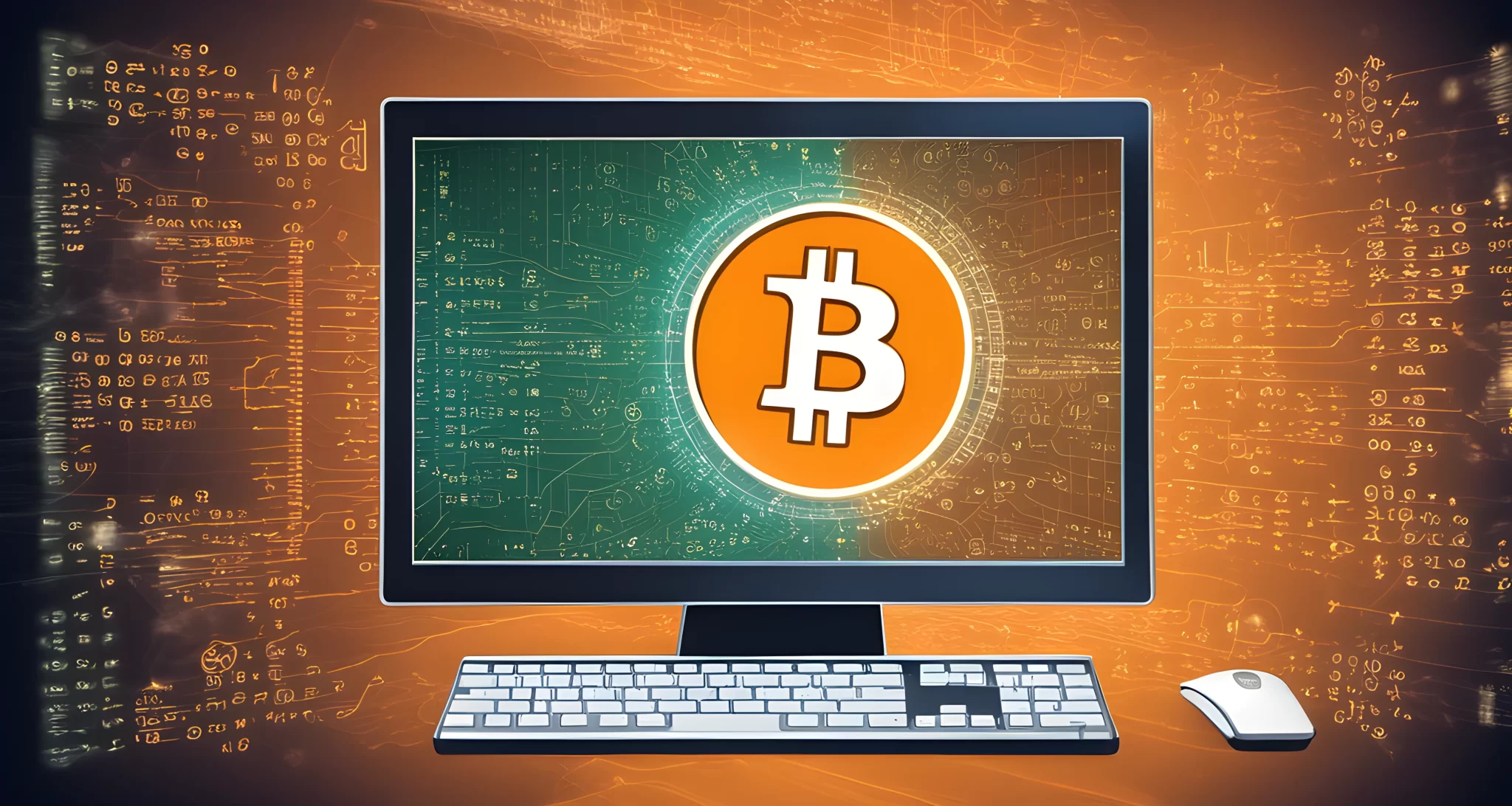 The image shows a computer with a series of complex mathematical equations and codes on the screen, as well as a digital representation of the Bitcoin logo.