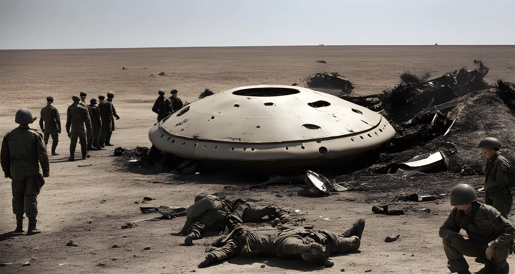 The image shows a crashed unidentified flying object (UFO) surrounded by military personnel and wreckage.