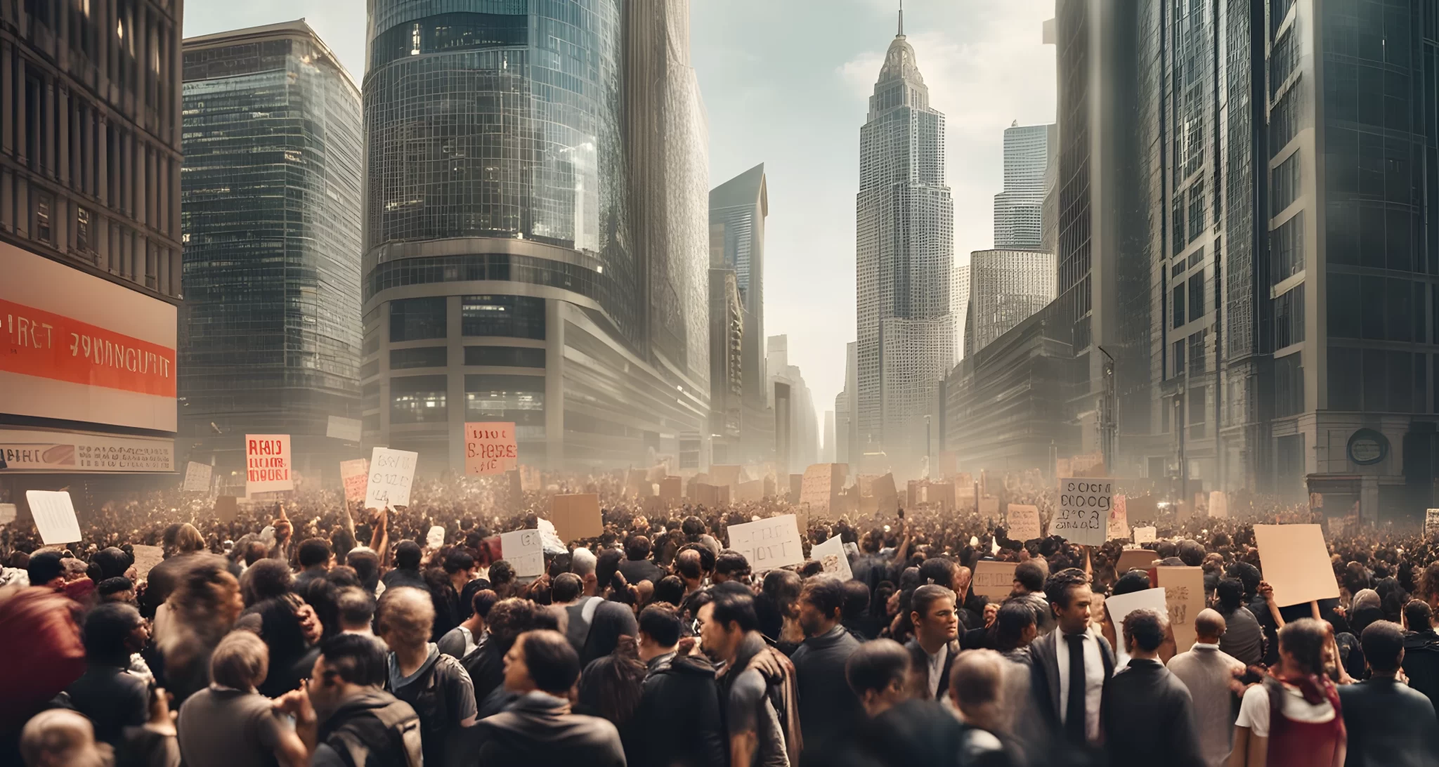 The image shows a crowded city street with skyscrapers and financial institutions in the background. There are people holding signs and protesting, with a sense of chaos and urgency in the air.