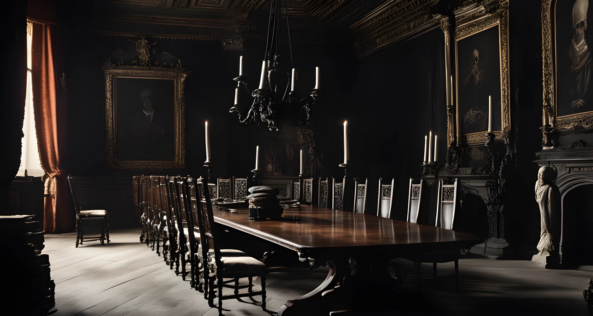 The image shows a dark, ornate room with a long wooden table and high-backed chairs. On the table are ancient-looking documents and a ceremonial skull and bones.