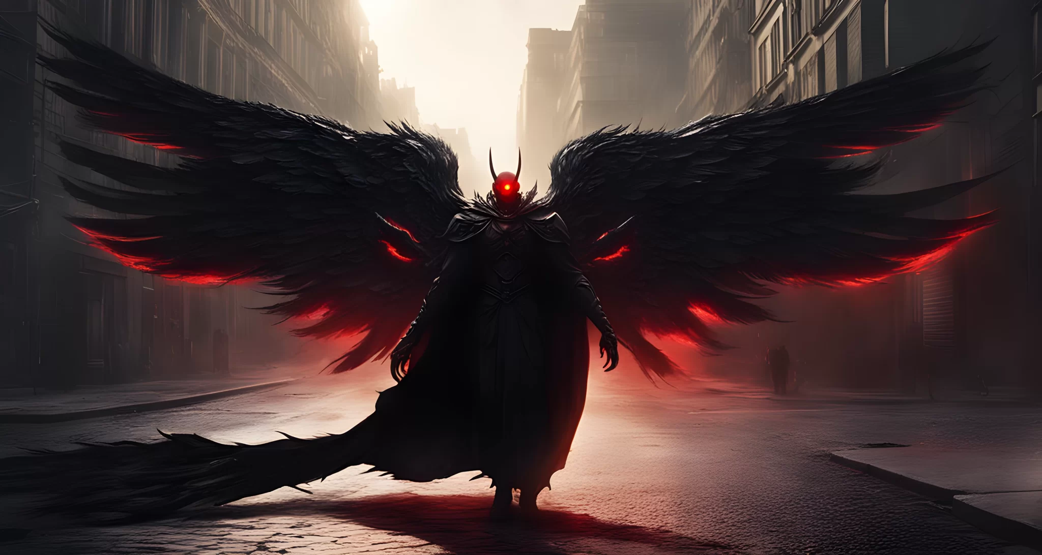 The image shows a dark, shadowy figure with large wings, glowing red eyes, and a humanoid shape, hovering over a dimly lit street.