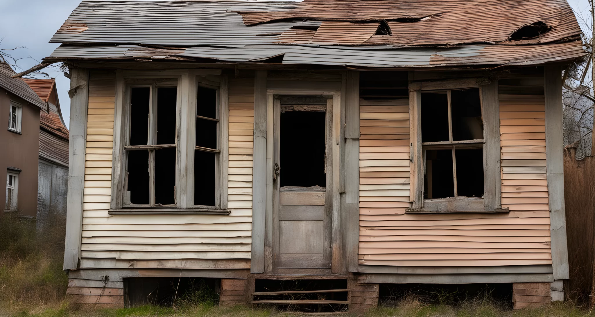 The image shows a dilapidated house with boarded-up windows and a distinctive peaked roof.