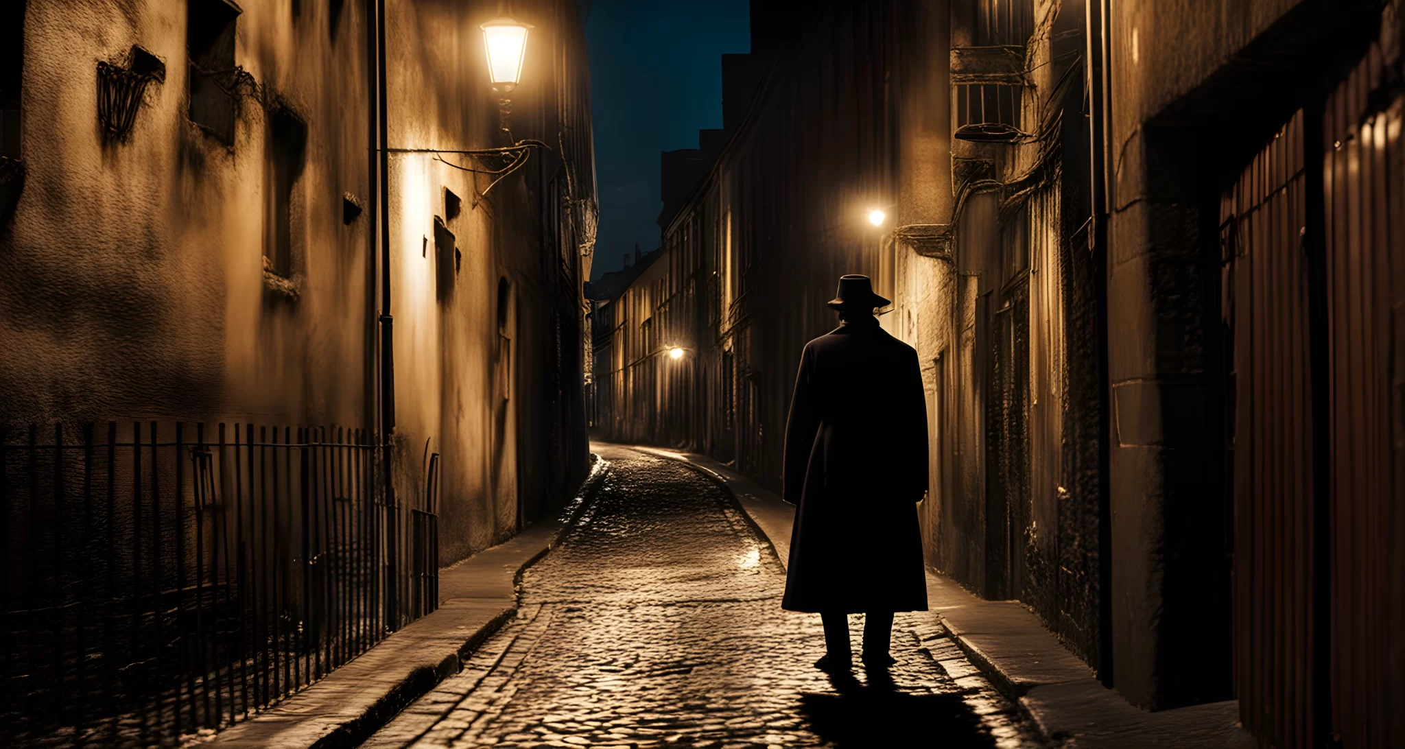 The image shows a dimly lit alleyway with cobblestone streets and old buildings. A figure in a long coat and hat is seen lurking in the shadows.