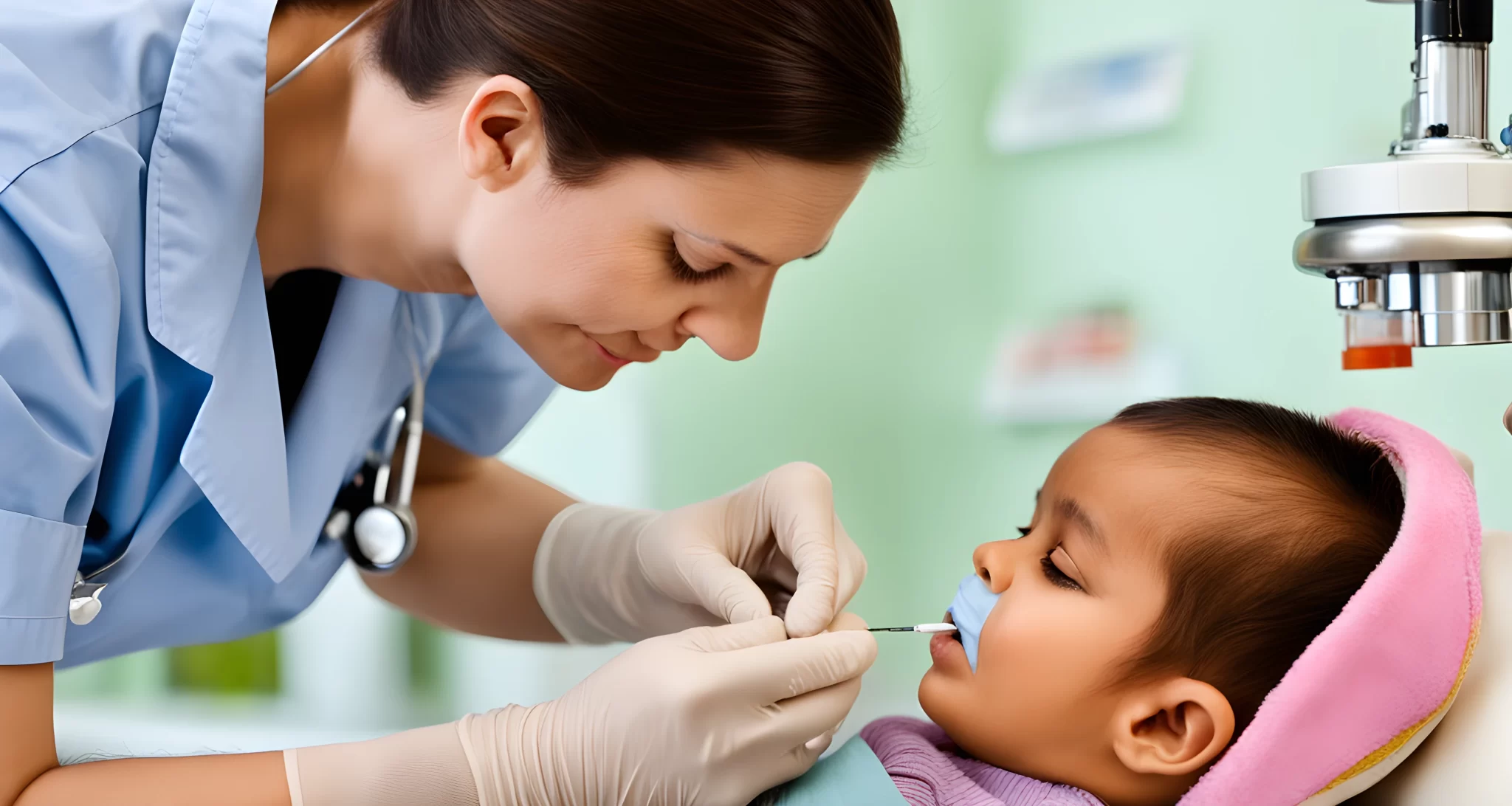 The image shows a doctor administering a vaccine to a young child.