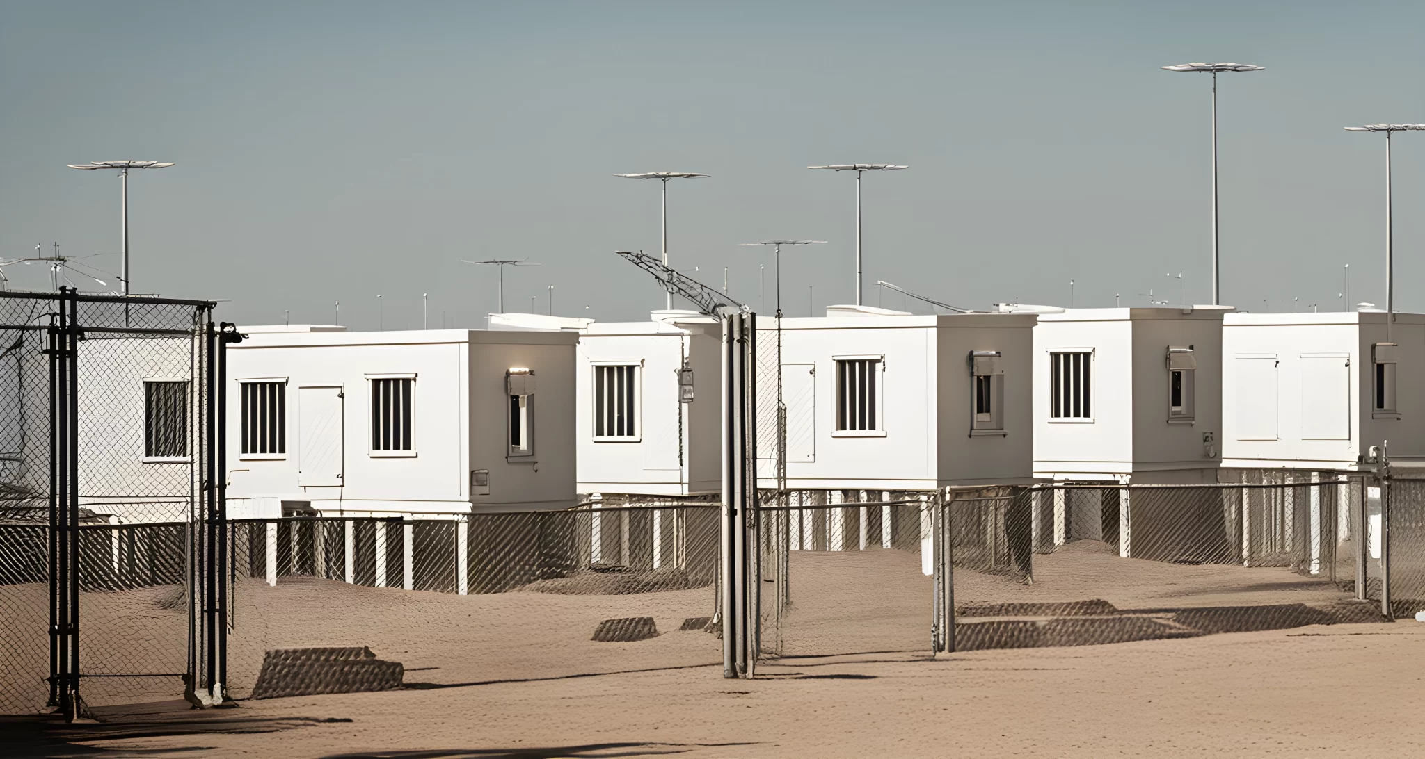 The image shows a fenced-in area with multiple identical white temporary housing units and a guard tower.