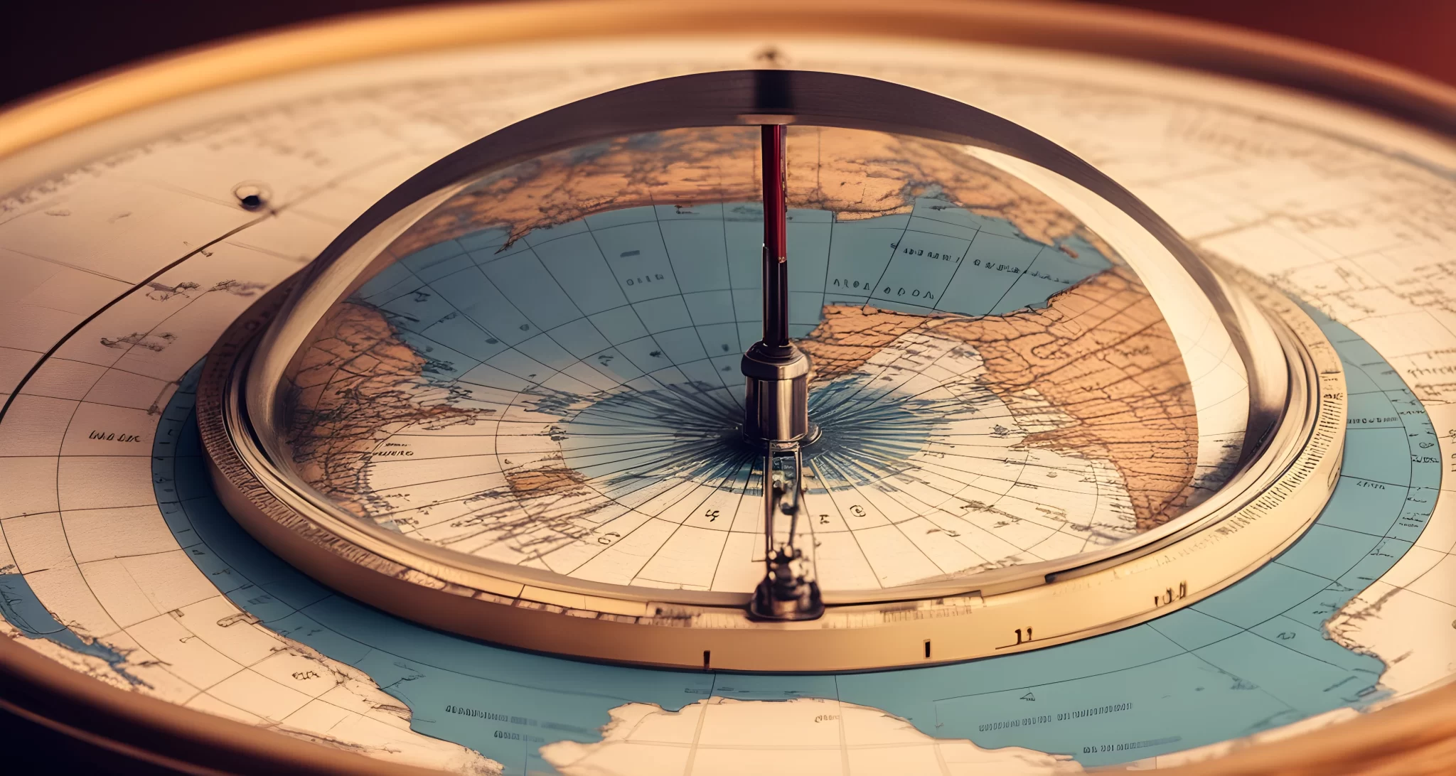 The image shows a flat earth model surrounded by a compass and a globe.