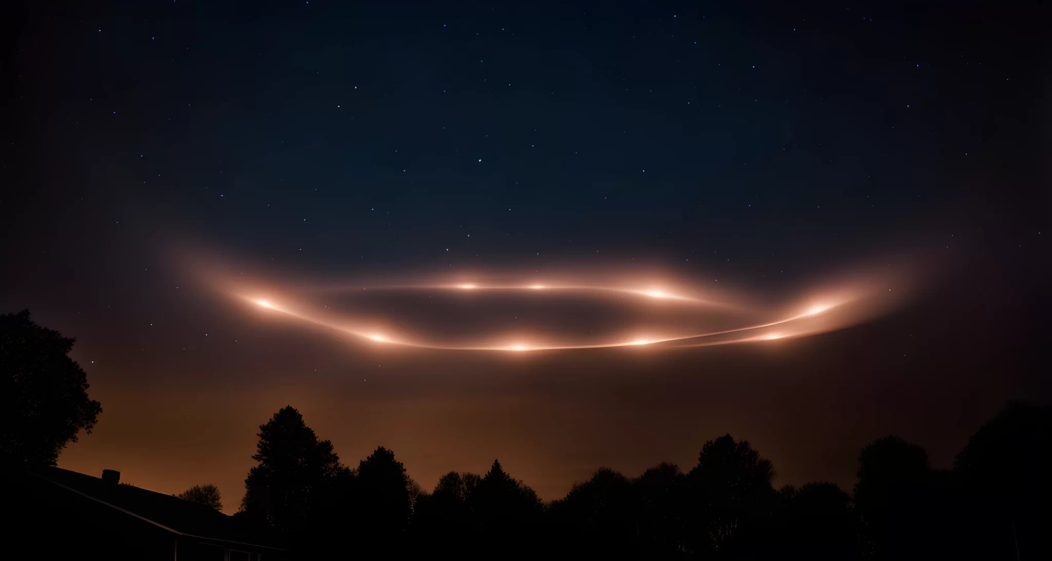 The image shows a formation of bright lights hovering in the night sky.