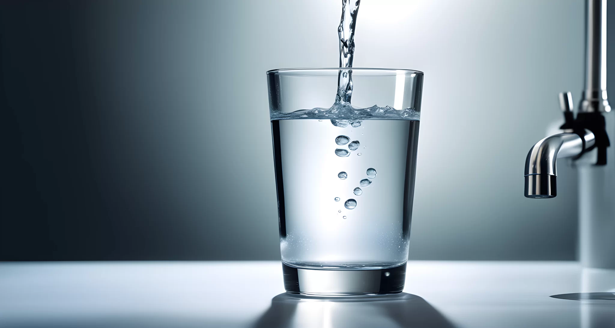 The image shows a glass of water with a translucent tablet dissolving in it, and a tap in the background.