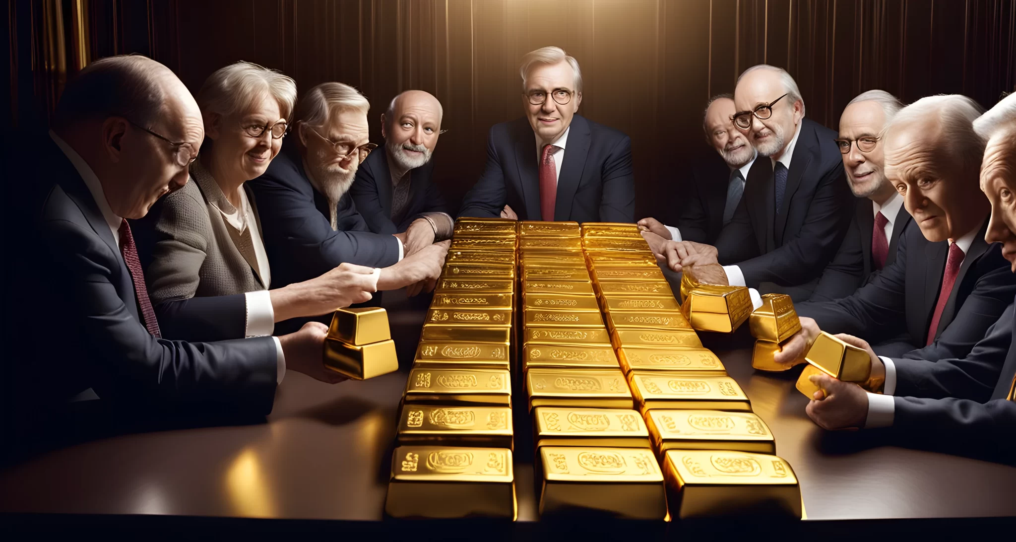 The image shows a group of economic and political figures gathered around a table, with a large stack of gold bars in the center.