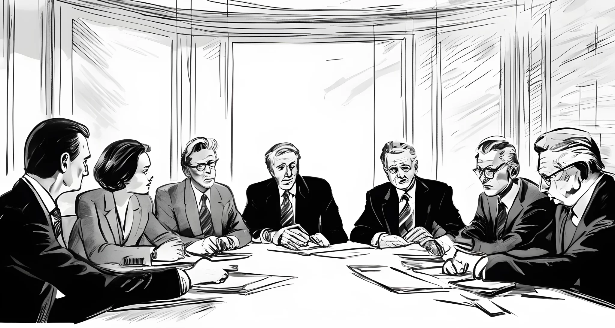 The image shows a group of influential individuals gathered around a conference table at a secretive meeting.