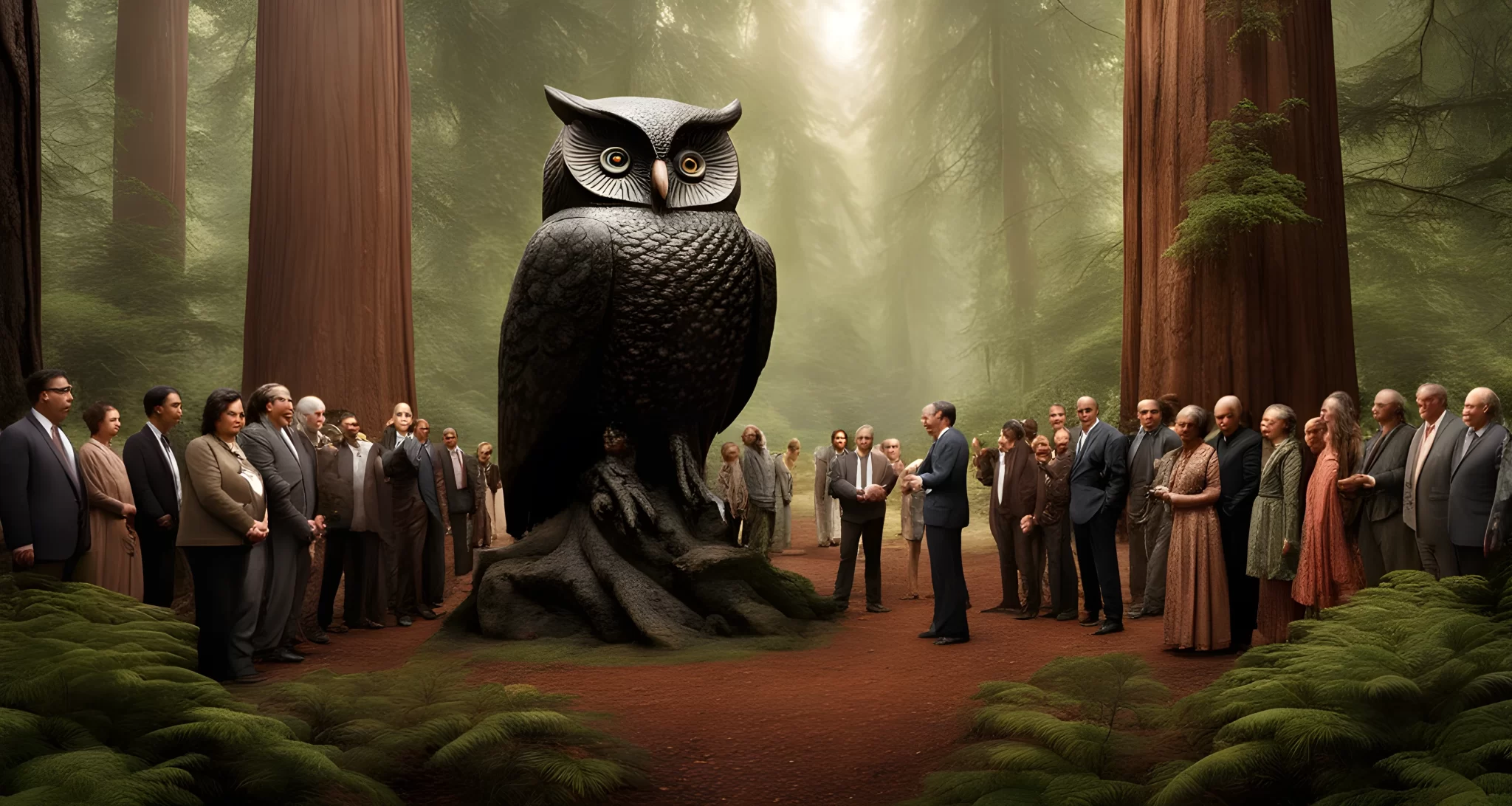 The image shows a group of influential individuals gathered in a forest, surrounded by towering redwood trees. There is a large stone owl statue at the center of the gathering.