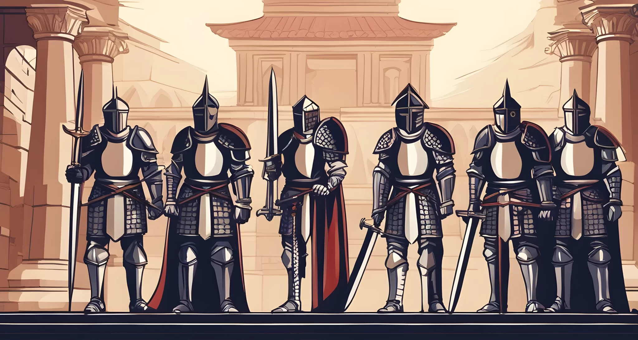 The image shows a group of knights in armor, holding shields and swords, standing in front of a temple.