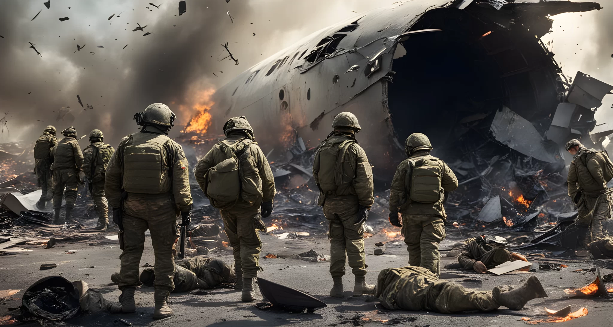 The image shows a group of military personnel surrounded by debris from a crashed flying object.