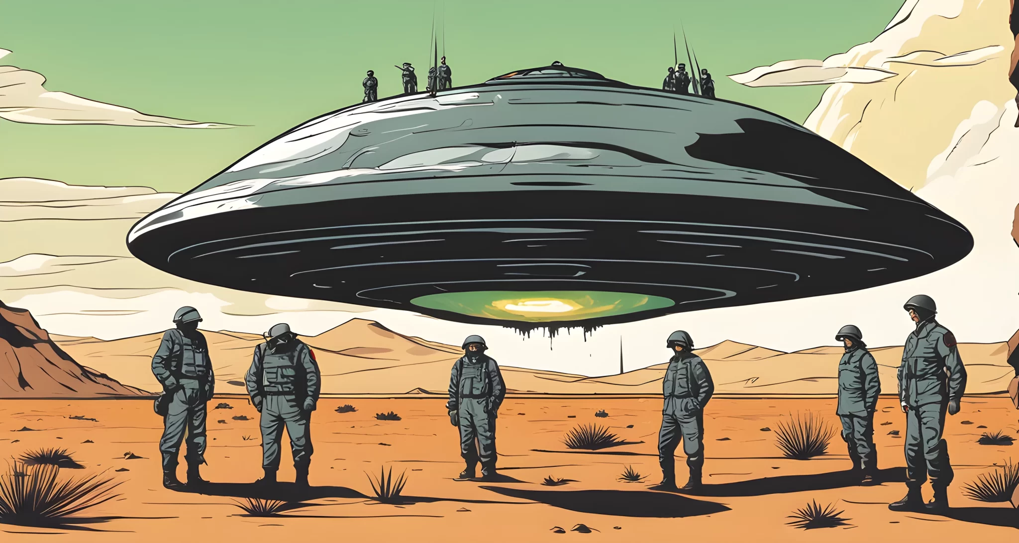 The image shows a group of military personnel surrounding a crashed flying saucer on a desert landscape.