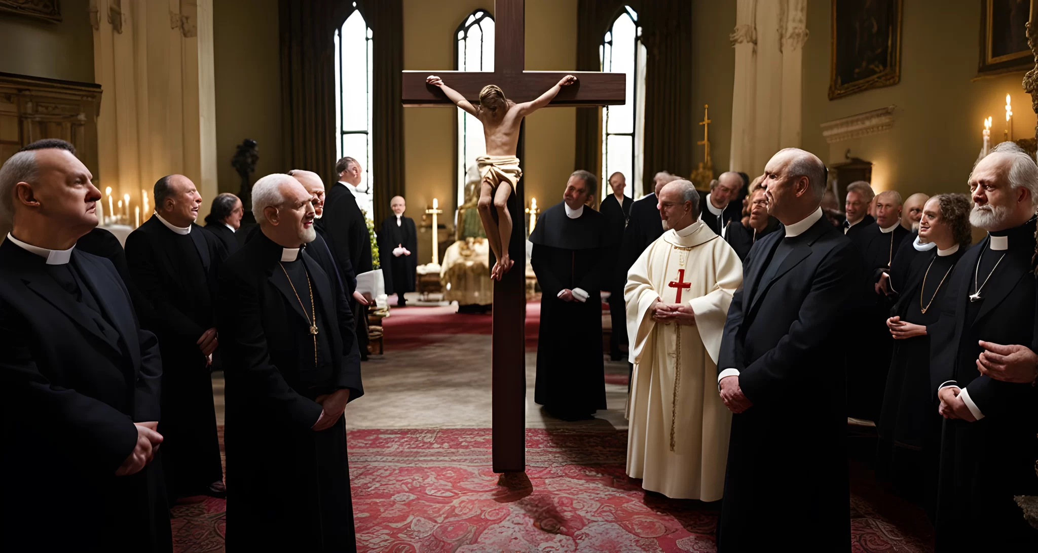 The image shows a group of people dressed in traditional Catholic attire, some wearing clergy robes and others in conservative suits. They are gathered in a formal setting, with a large wooden cross displayed prominently in the background.