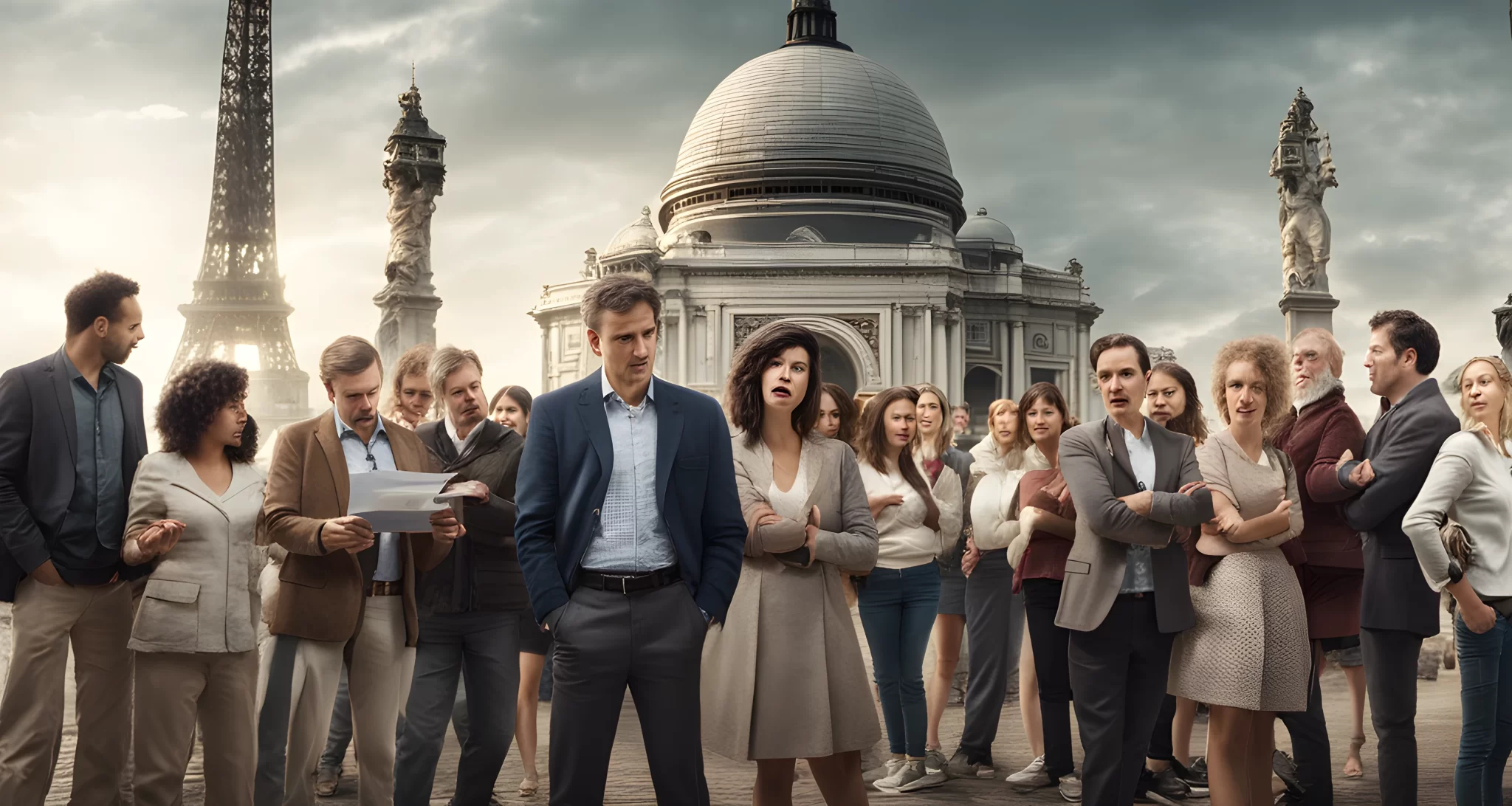 The image shows a group of people gathered in front of an iconic landmark, with puzzled expressions on their faces.