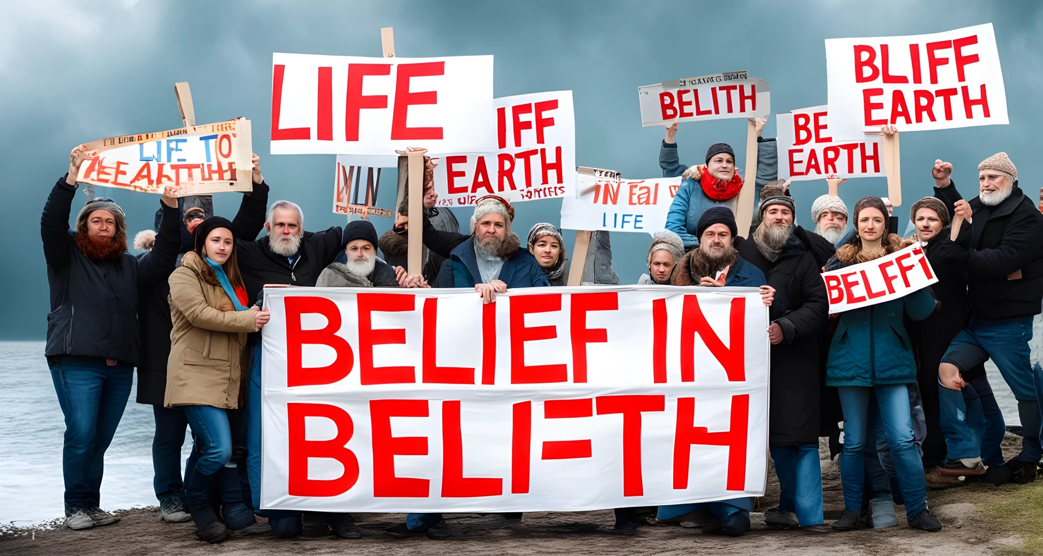 The image shows a group of people holding signs and banners promoting the belief in a flat Earth.