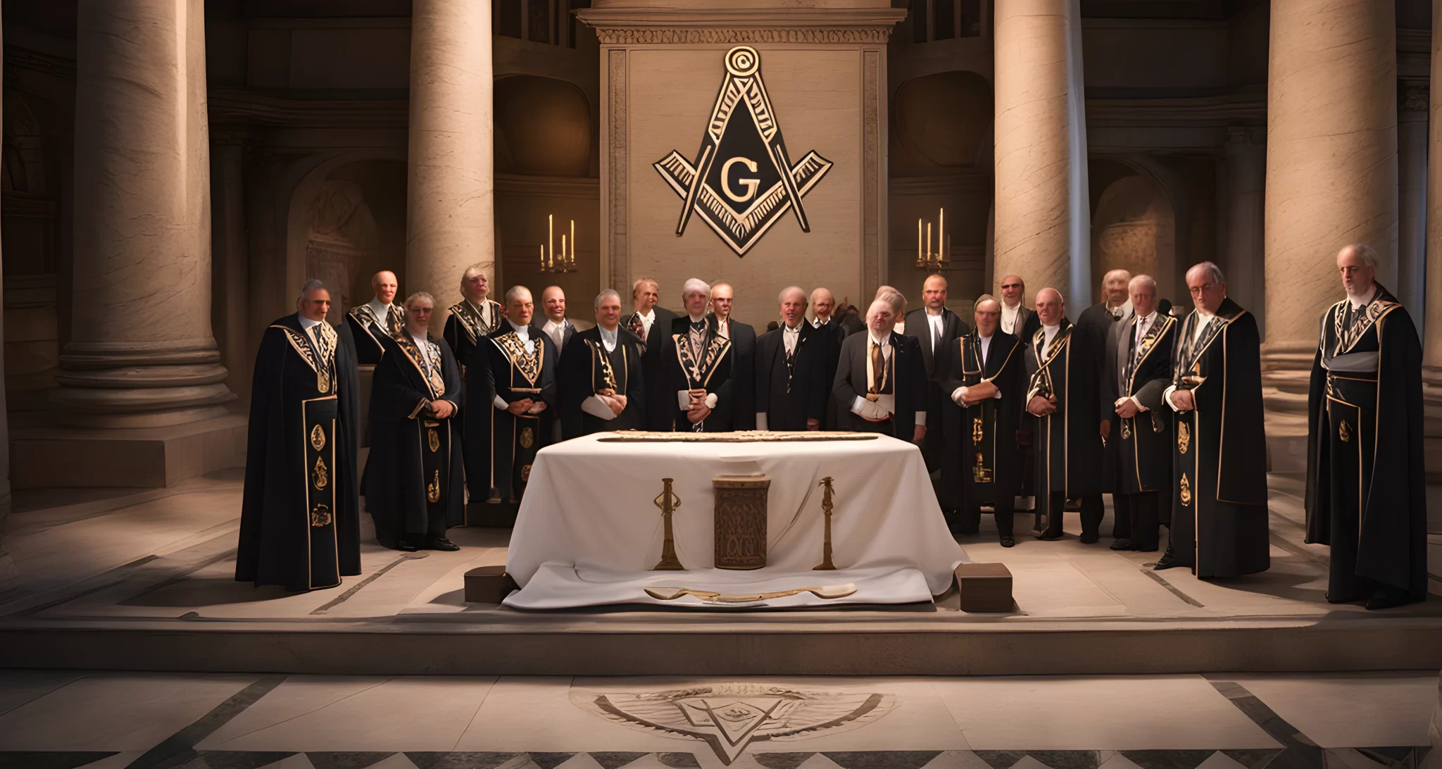 The image shows a group of people wearing traditional Freemason attire, standing around a large stone altar with symbols inscribed on it.