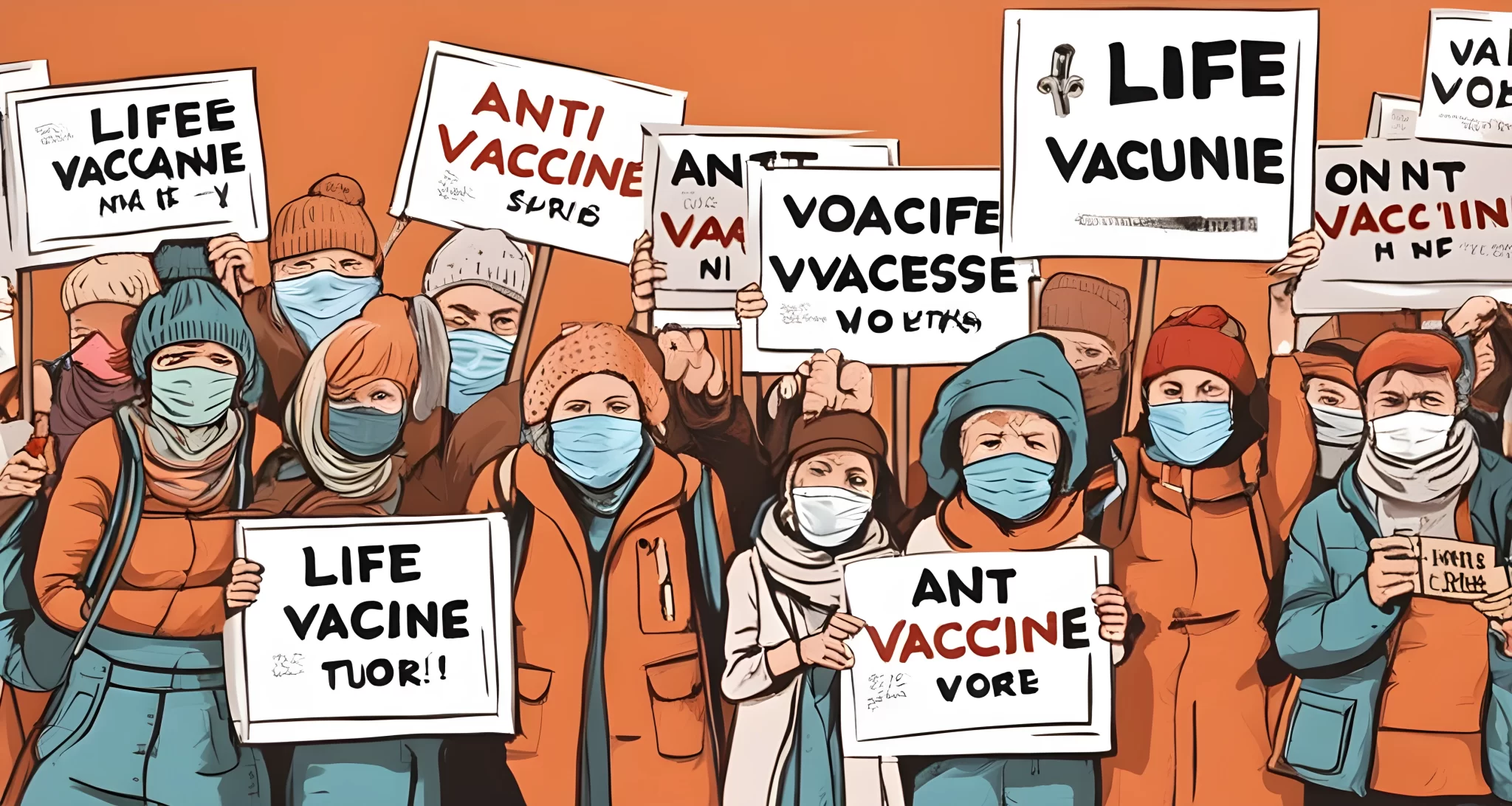 The image shows a group of protesters holding signs with anti-vaccine messages.