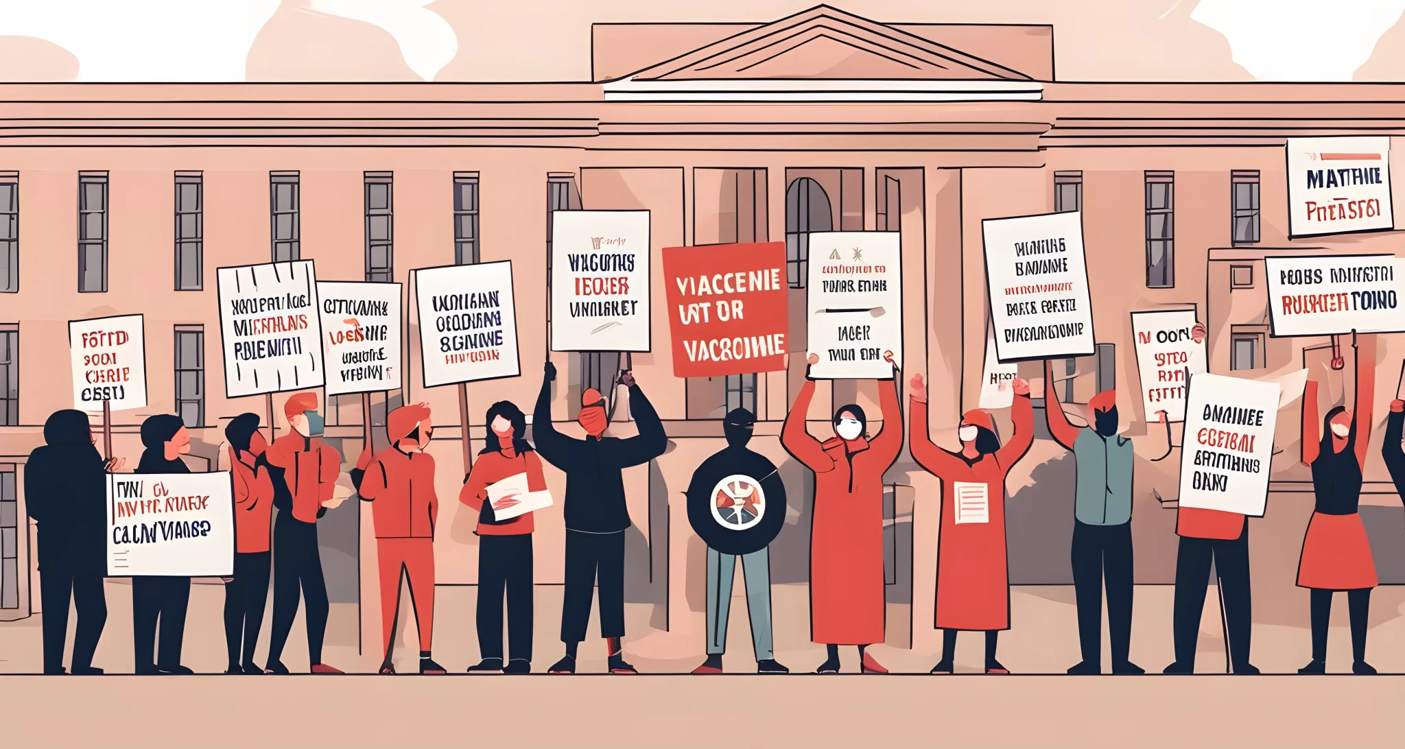 The image shows a group of protesters holding signs with anti-vaccine slogans while standing outside a government building.