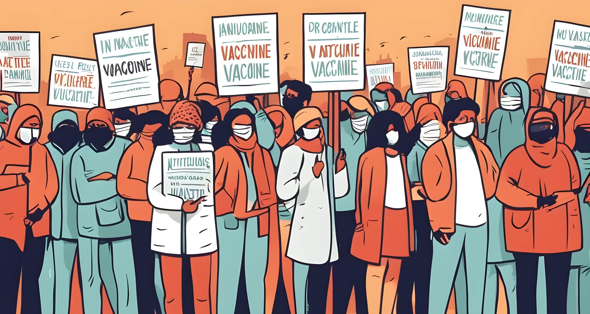 The image shows a group of protesters holding signs with anti-vaccine slogans.