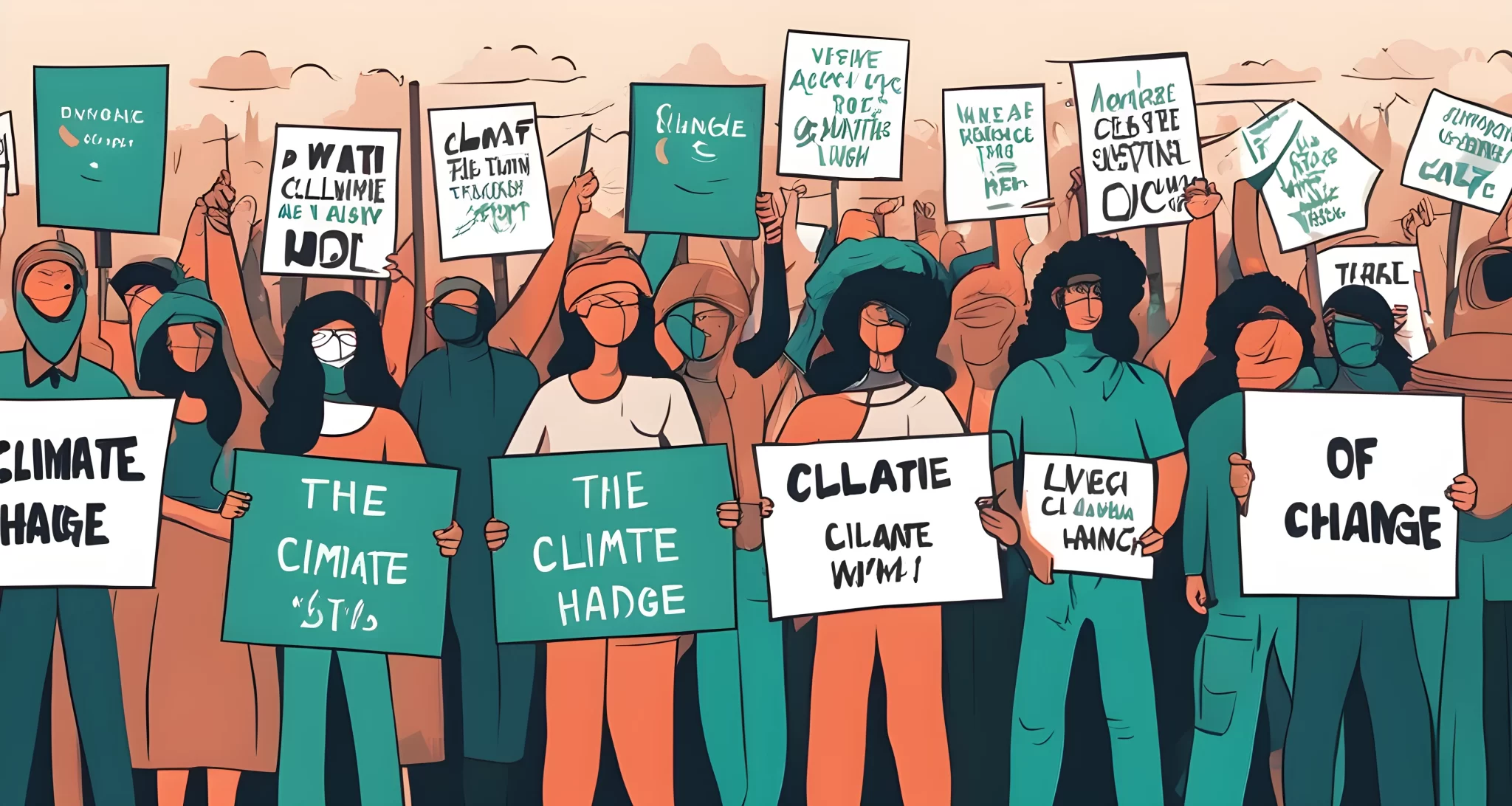 The image shows a group of protesters holding signs with slogans denying the existence of climate change.