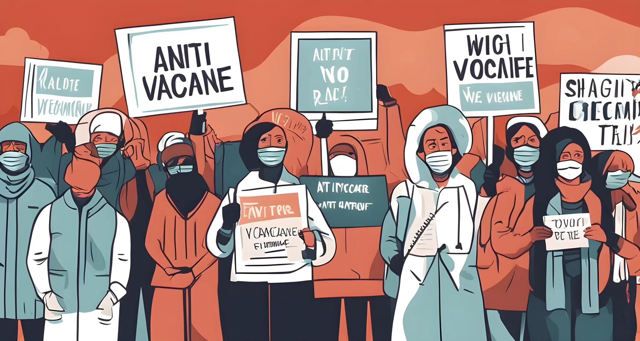 The image shows a group of protestors holding signs with anti-vaccine messages.