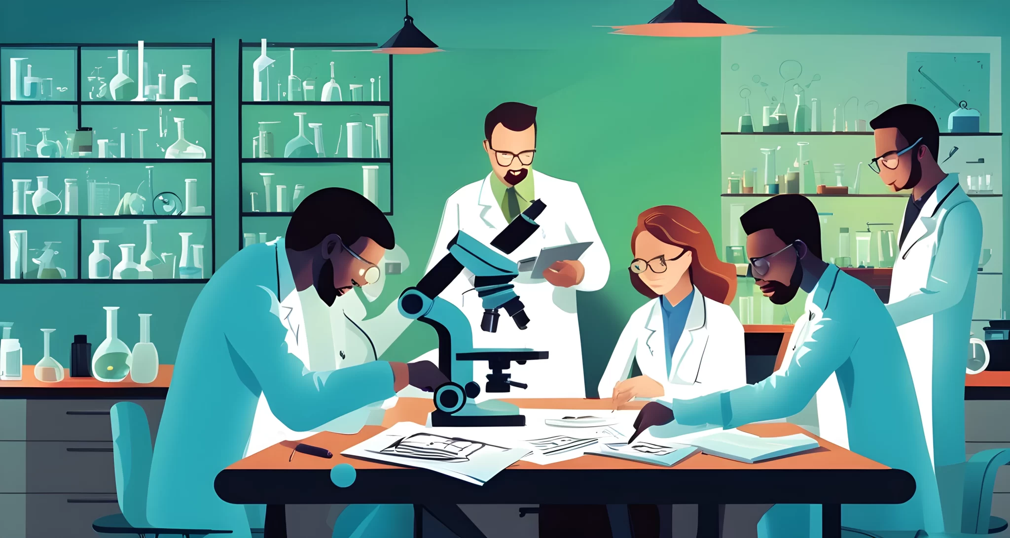 The image shows a group of scientists gathered around a microscope, discussing data and making notes in a laboratory setting.