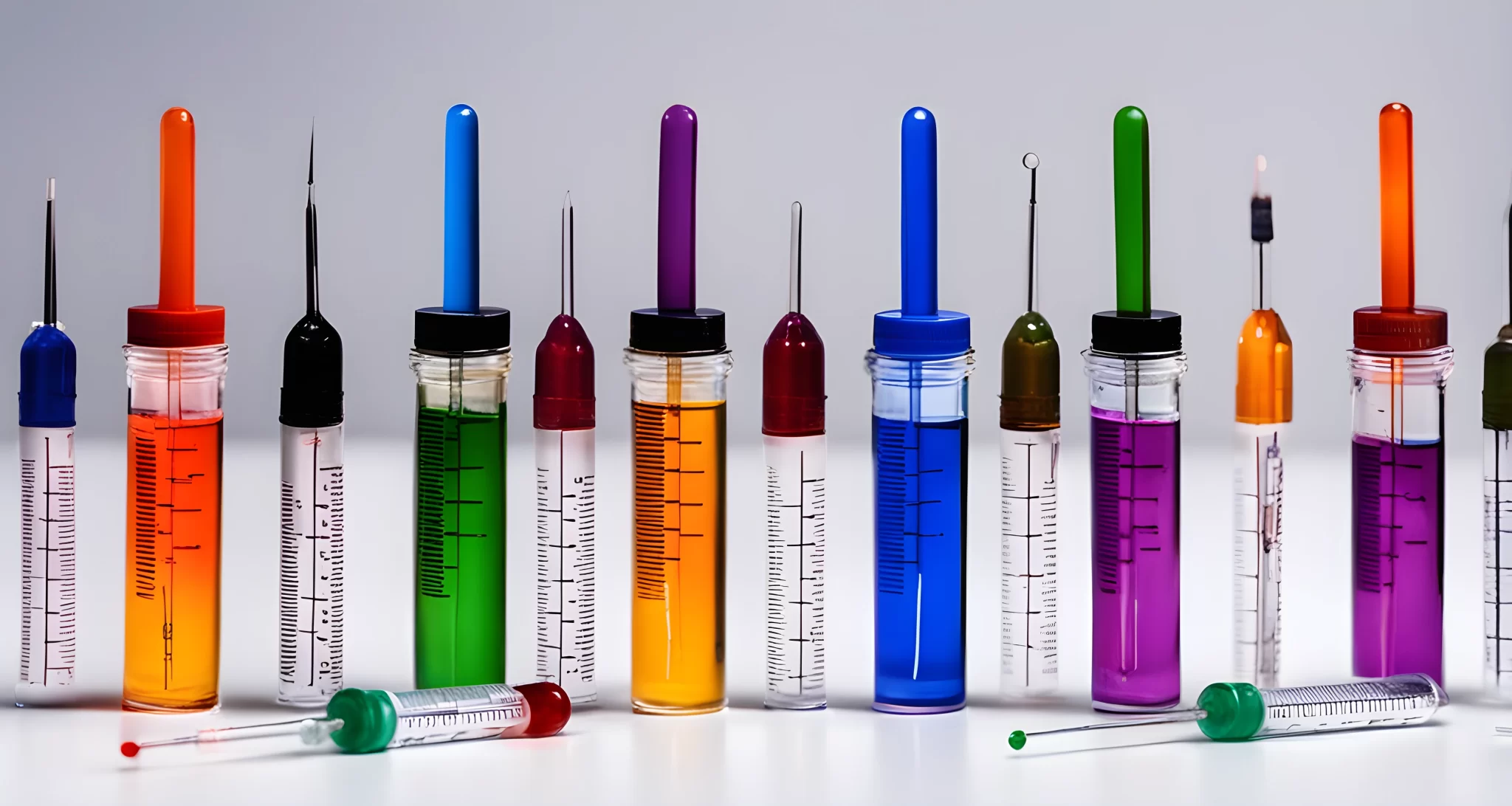 The image shows a group of syringes filled with different colored vaccines arranged on a white background.