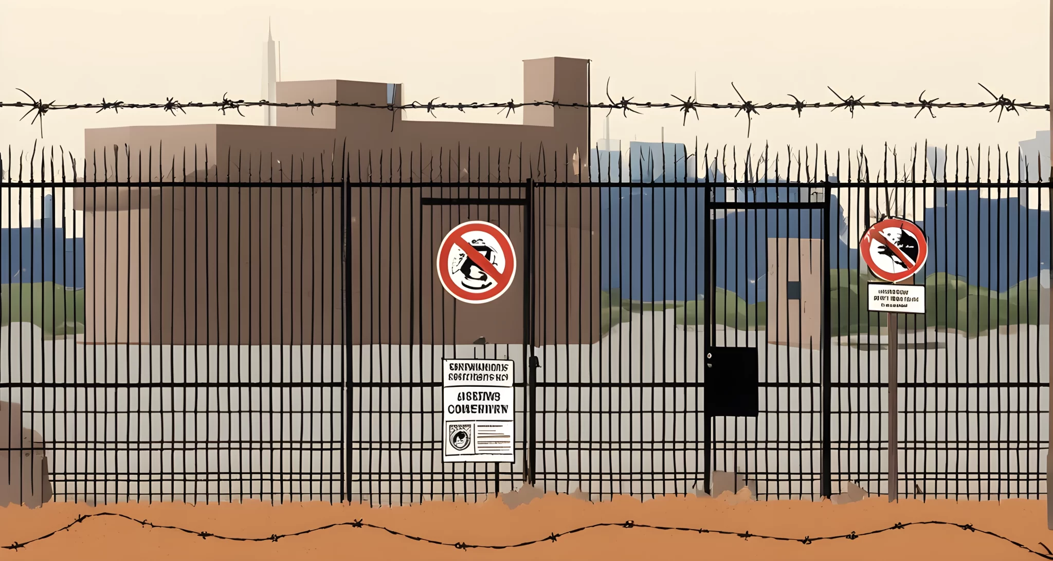 The image shows a heavily guarded and secretive government facility with barbed wire fences and warning signs.