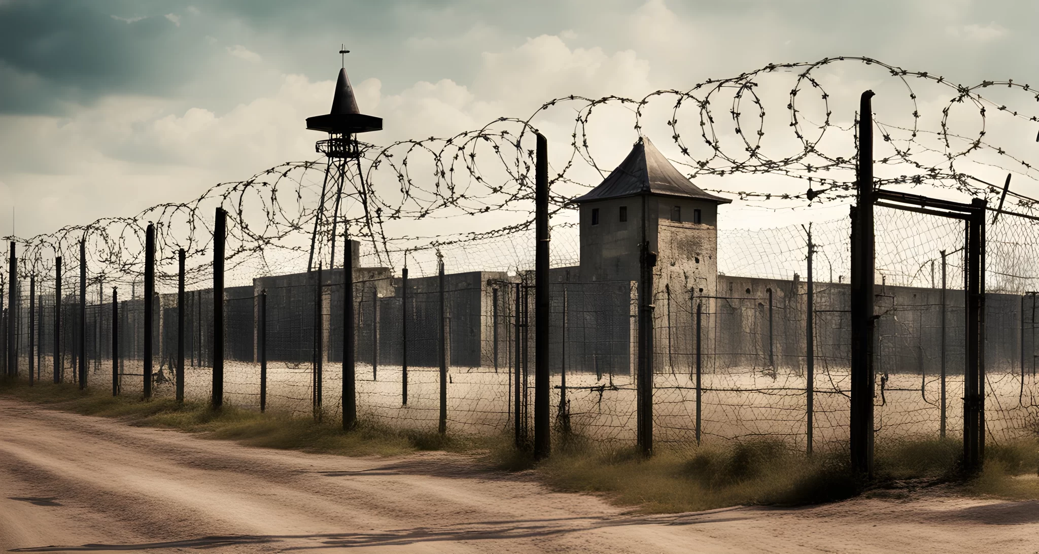 The image shows a heavily guarded military base with barbed wire fences and watchtowers.