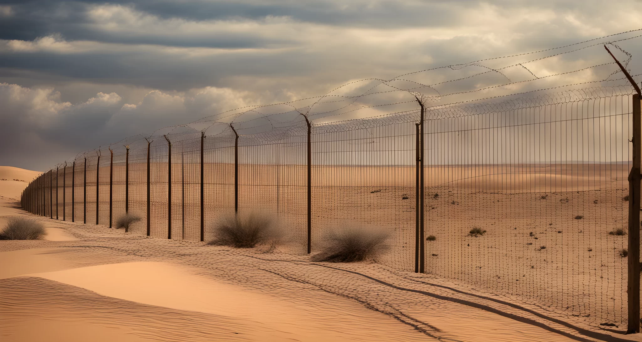 The image shows a heavily guarded perimeter fence surrounding a remote desert landscape.