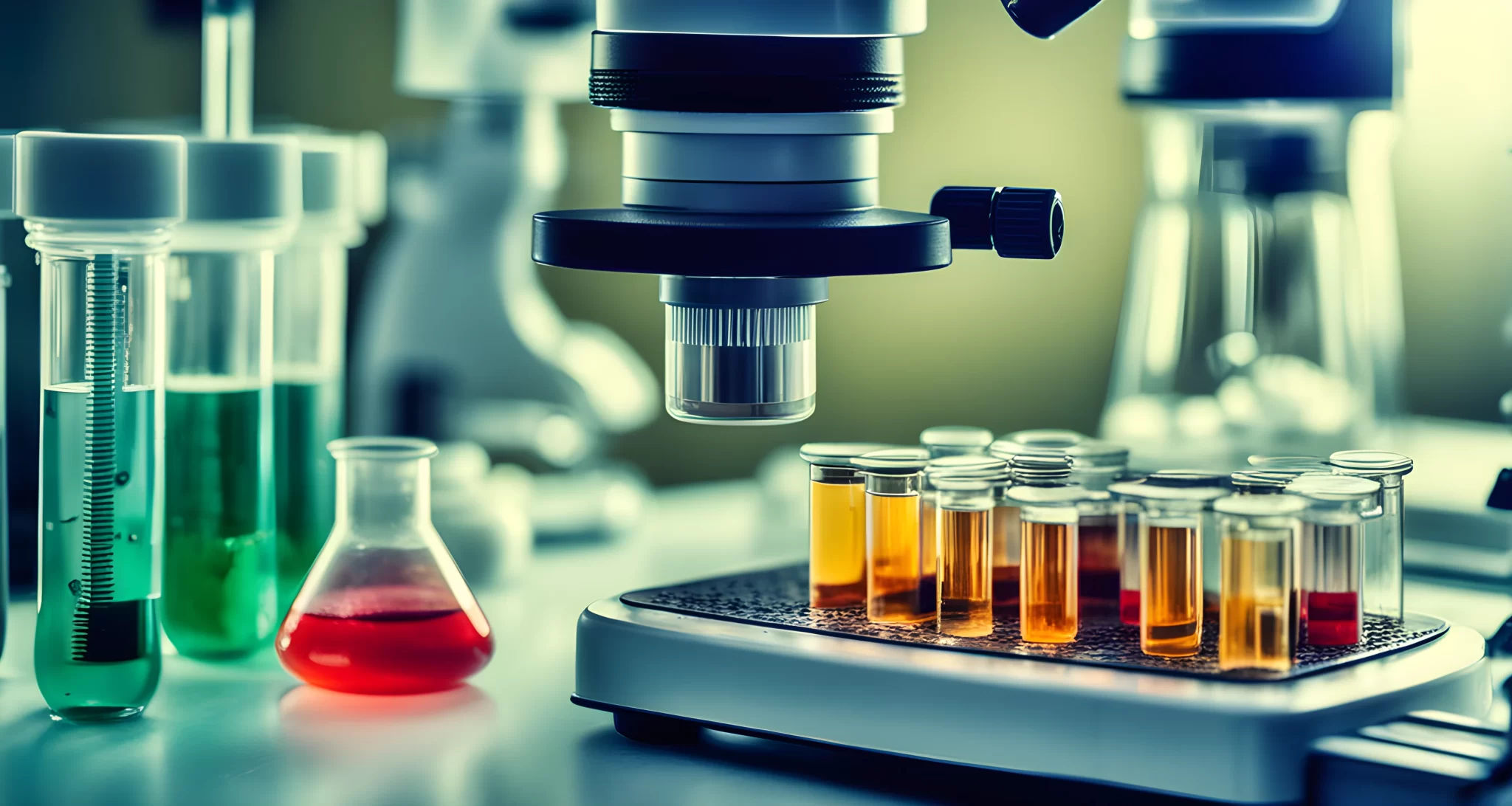 The image shows a laboratory microscope, test tubes, and petri dishes with samples of the virus and various other laboratory equipment.