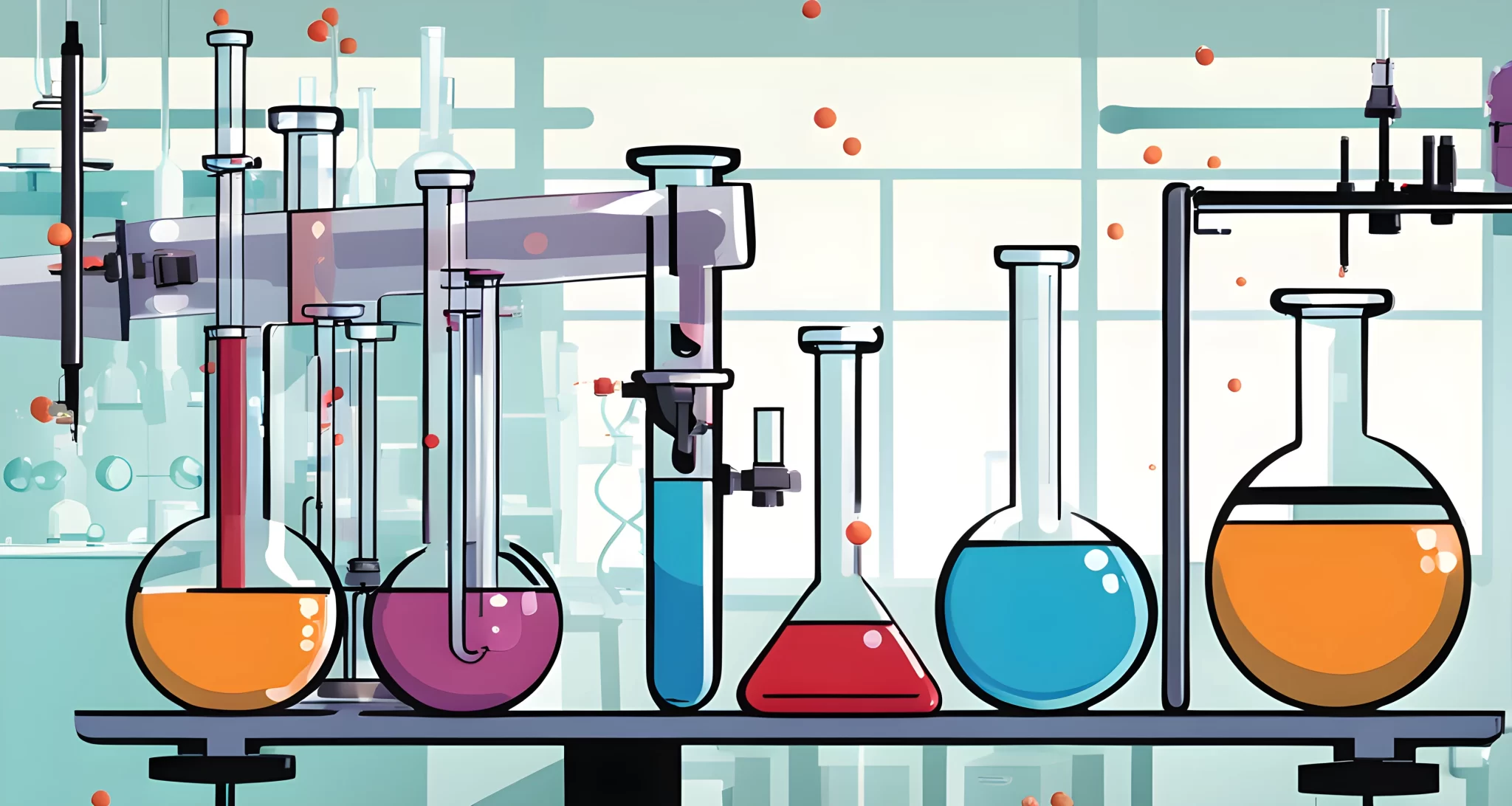 The image shows a laboratory setup with beakers, test tubes, and scientific equipment.