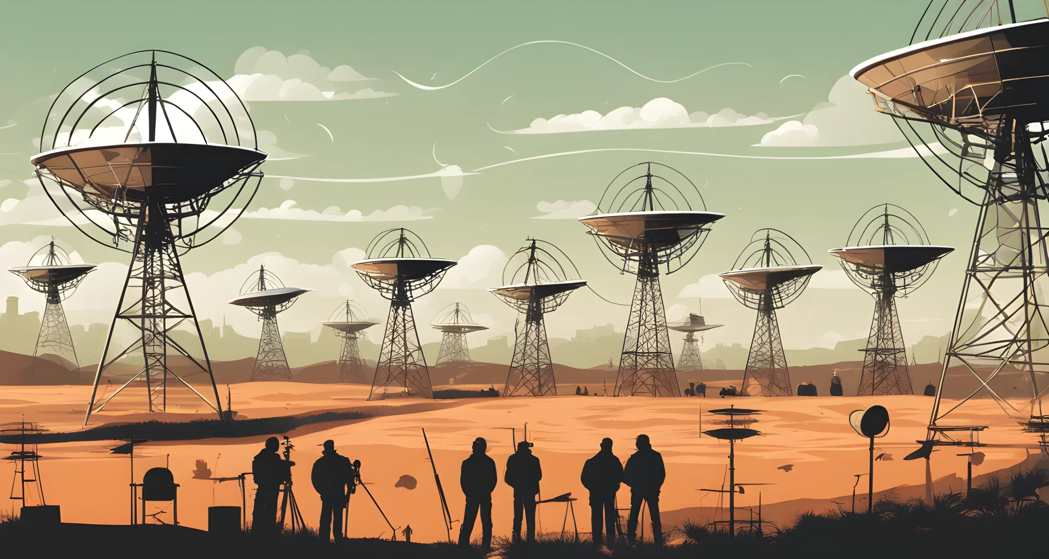 The image shows a large array of antennas and satellite dishes situated in a remote location.