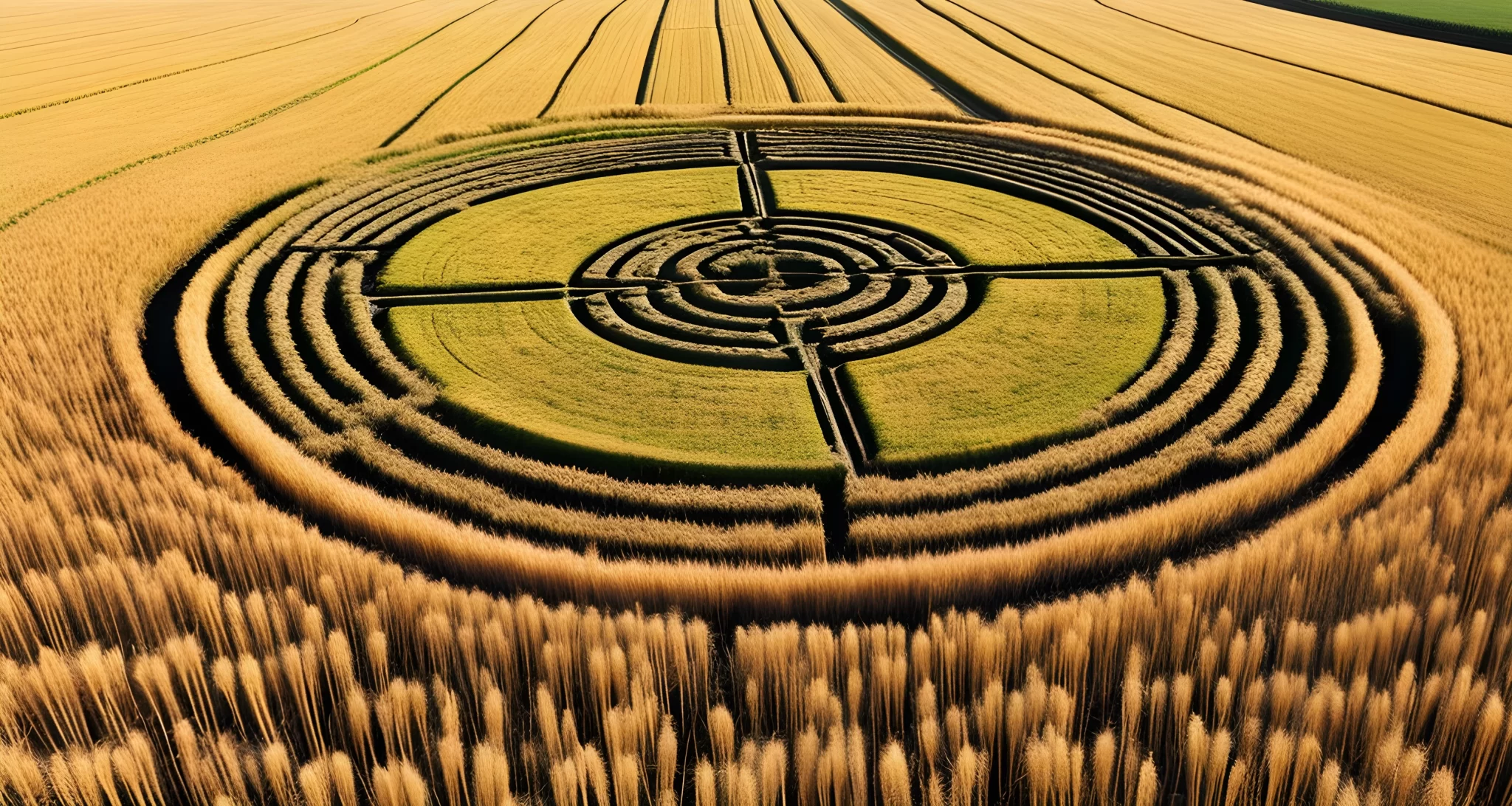 The image shows a large, elaborate crop circle in a field of wheat, surrounded by untouched crop.